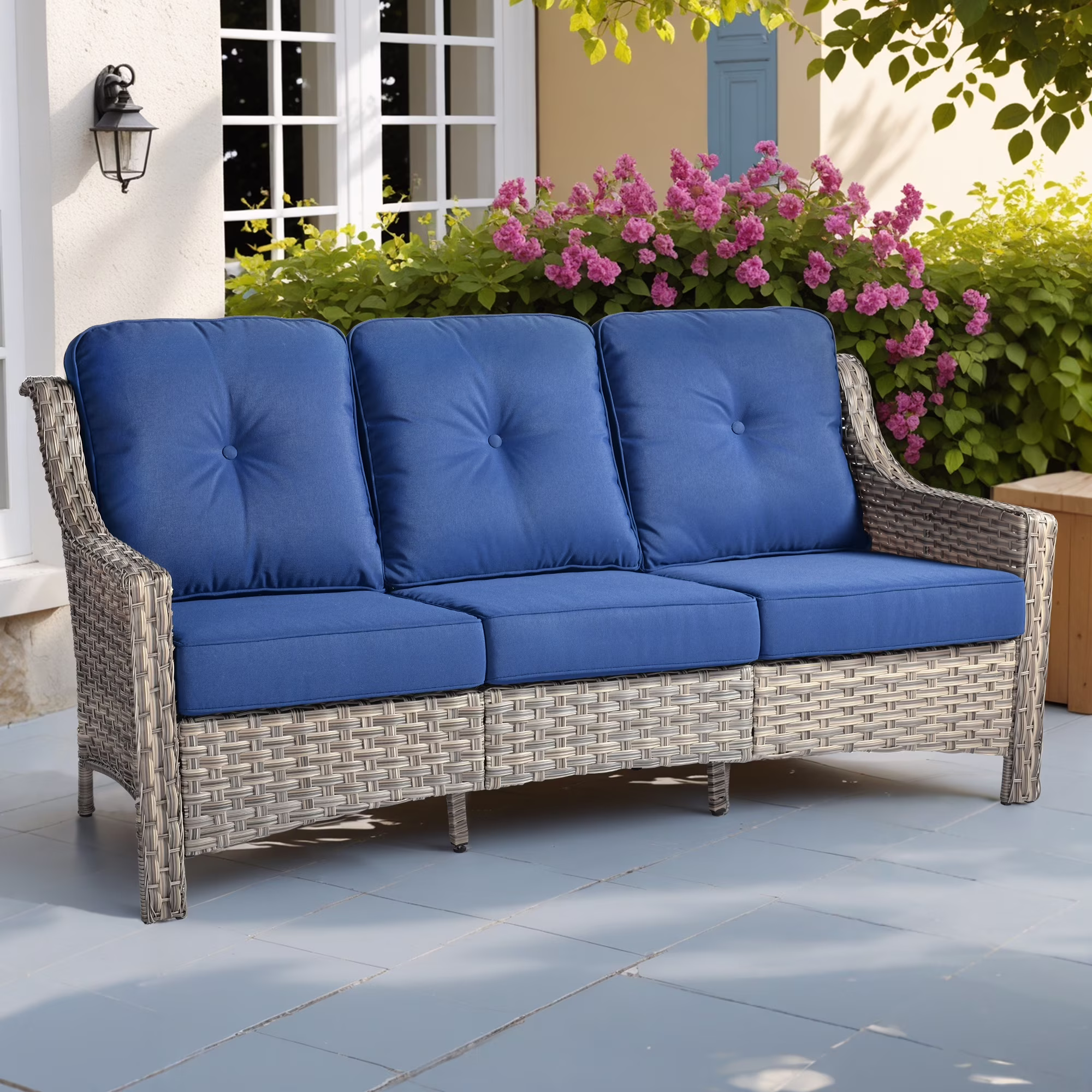 Ovios Outdoor Patio Sofa 3-Seater with Cushions All-Weather Wicker Rattan Couch for Garden, Porch, or Backyard - Image 3