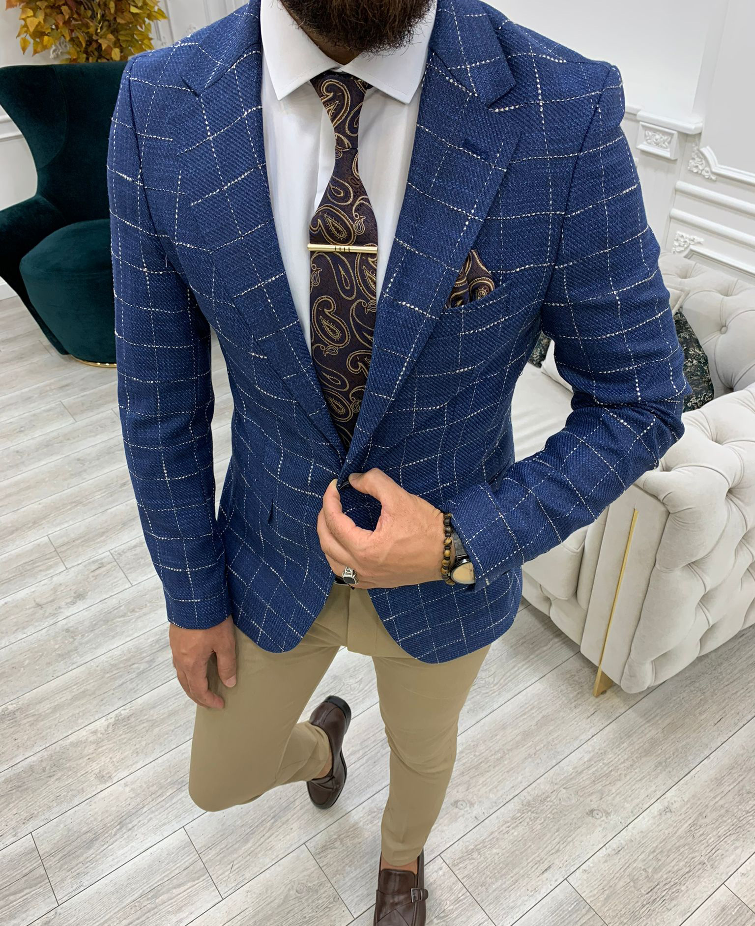 Business Plaid Button Pocket Design Notch Lapel Blazer