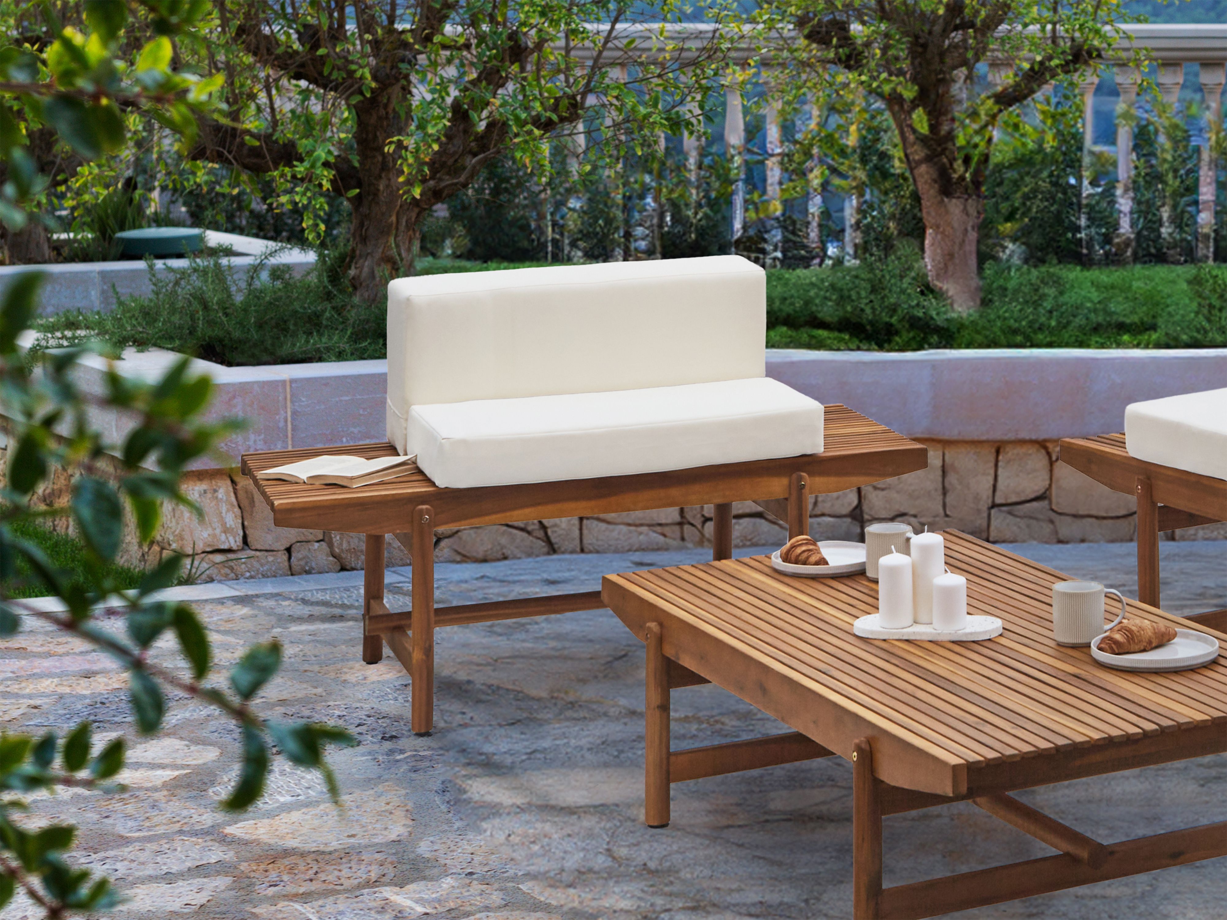 Garden Bench with Cushion GIAVENO 135 cm Acacia Wood Off-White