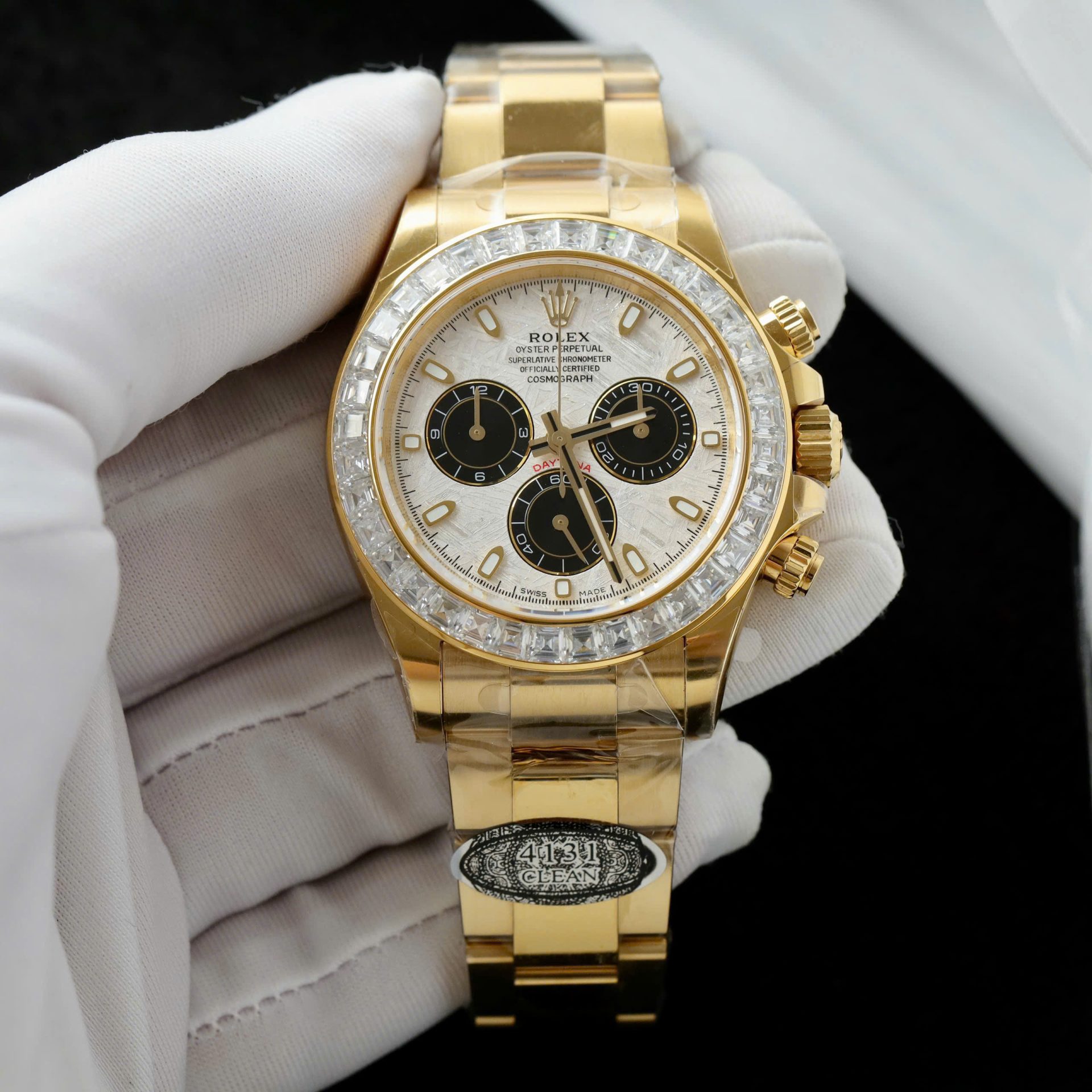 Rolex Daytona Meteorite Dial Copies Watch Gold Wrapped + Moisanite Baguette 40mm - Elite Watch Atelier