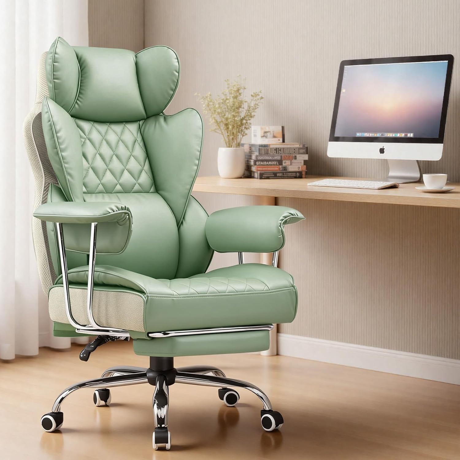 COMHOMA Big and Tall Office Chair, High Back Leather Gaming Chair with Footrest, Executive Ergonomic Office Chairs with Pocket Spring Lumbar Support and with Outward Fixed Soft Armrests