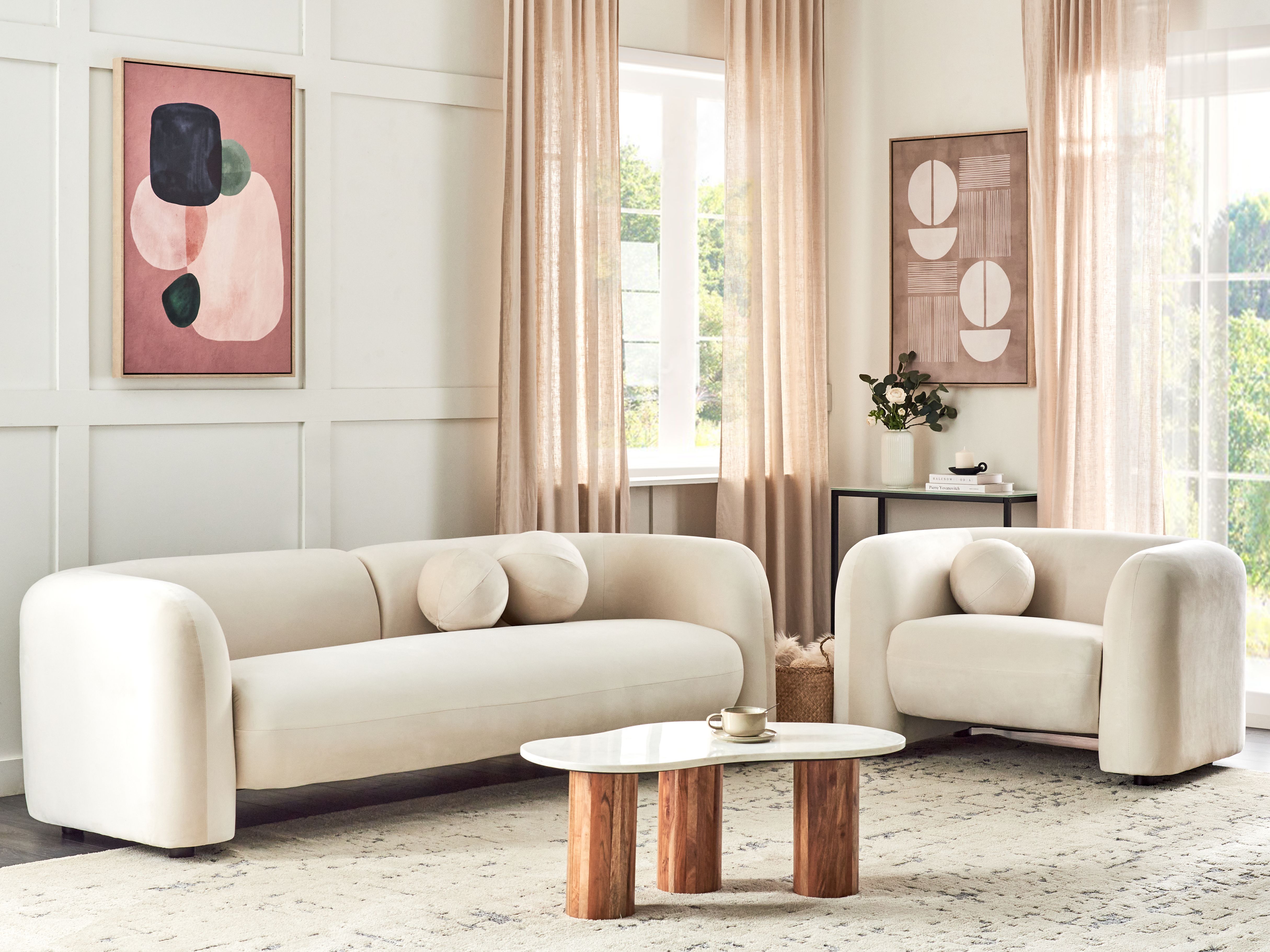 Living Room Set 4 Seater LEIREN Velvet Off-White