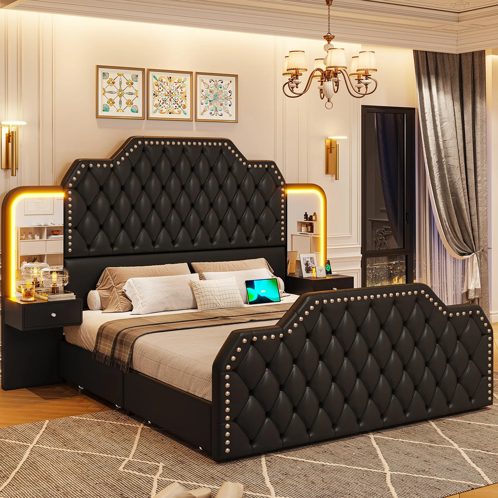 Queen Bed Frame with 2 Nighstands, Power Outlets and 4 Drawers, Upholstered Bed with Vanity Tables and Mirrors, Modern Velvet Tufted Platform Bed with Headboard & Footboard, Black - Image 4