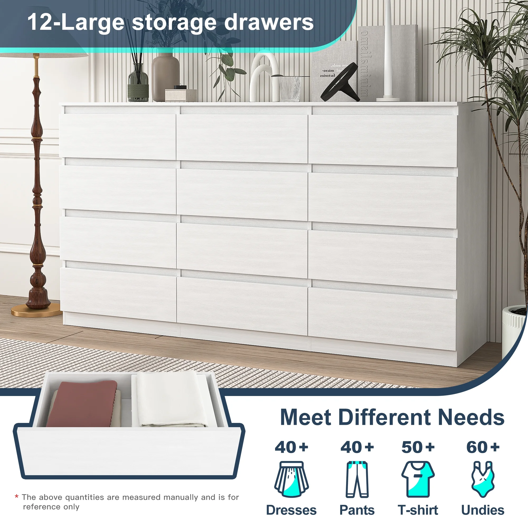 Kadyn White Chest of Drawer, 6 Double Drawer Dresser for Bedroom, Modern Storage Cabinet for Living Room, Dresser - Image 56