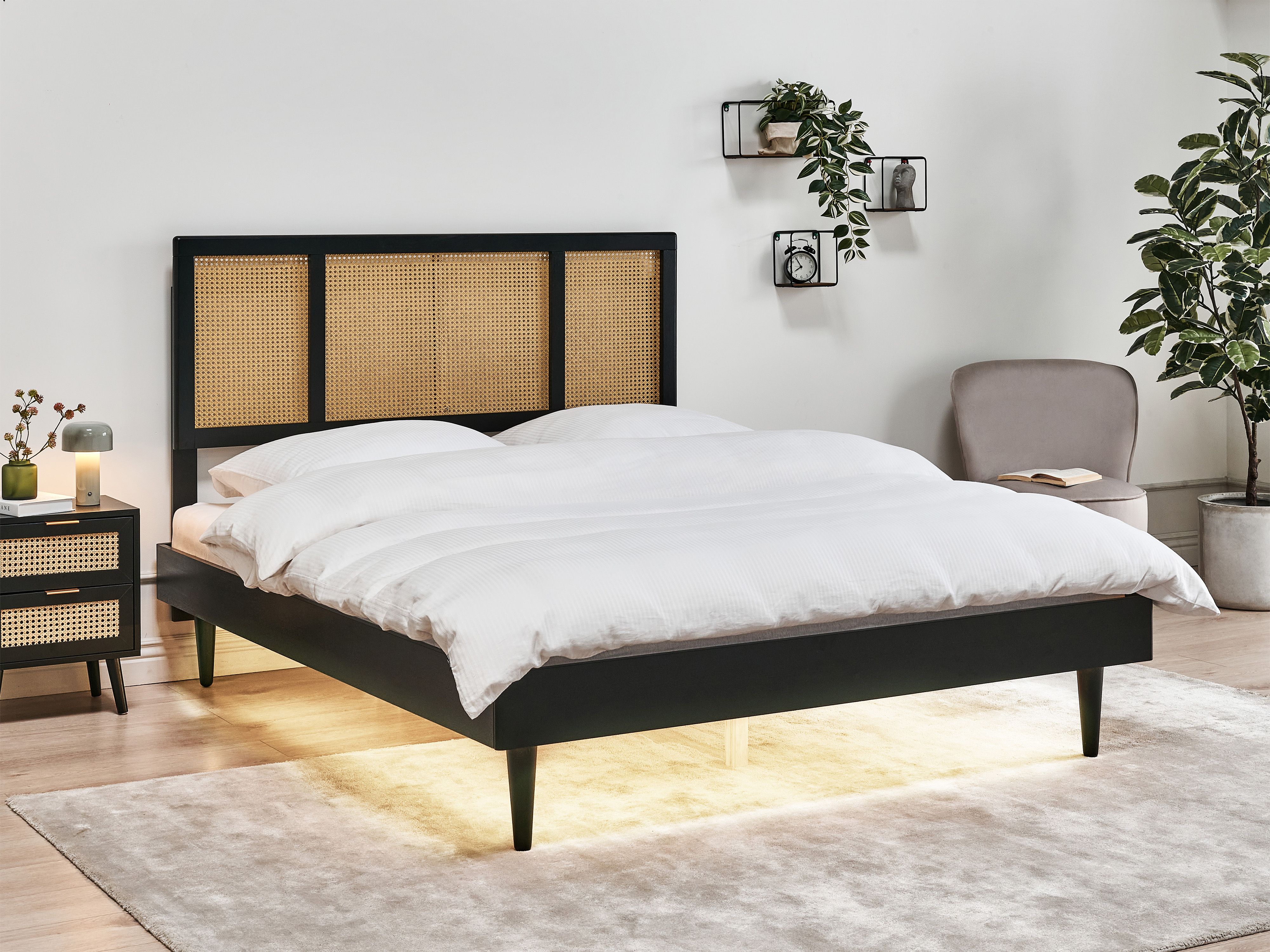Bed with LED Rattan AURAY 160 x 200 cm (EU King Size) Black