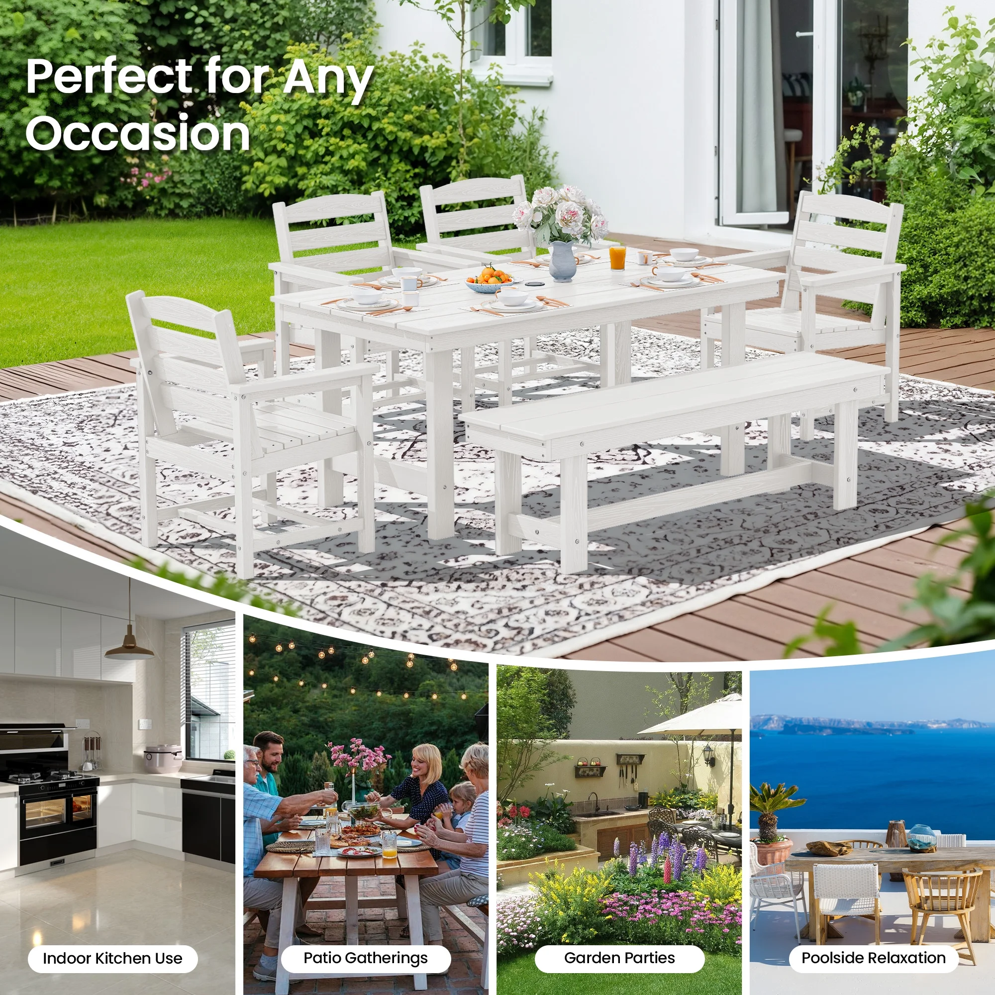 KINGYES 7-Piece Outdoor Dining Set, HDPE Patio Table and Chairs with Umbrella Hole, Gray - Image 64