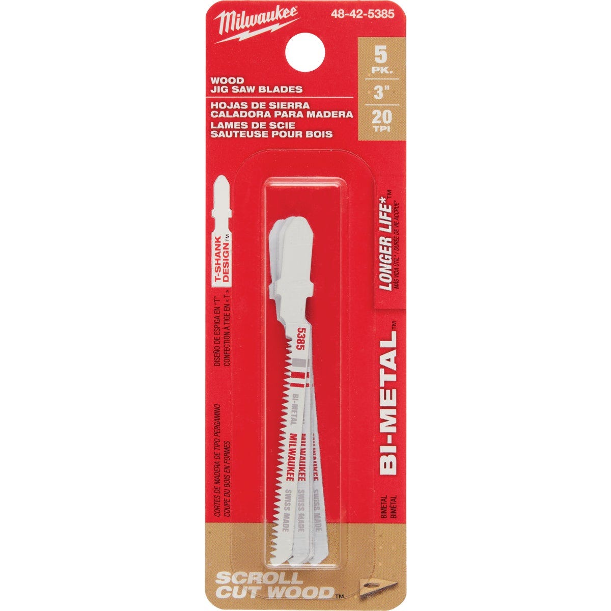 Milwaukee T-Shank 3 In. x 20 TPI Bi-Metal Jig Saw Blade, Wood Cutting (5-Pack)