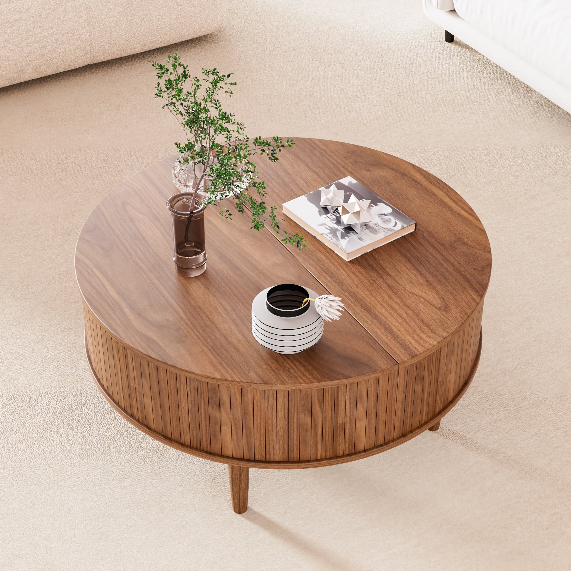 Oubayajia Round Coffee Table, Small Fluted Lift Top Center Table for Home Living Room Office, Walnut - Image 7