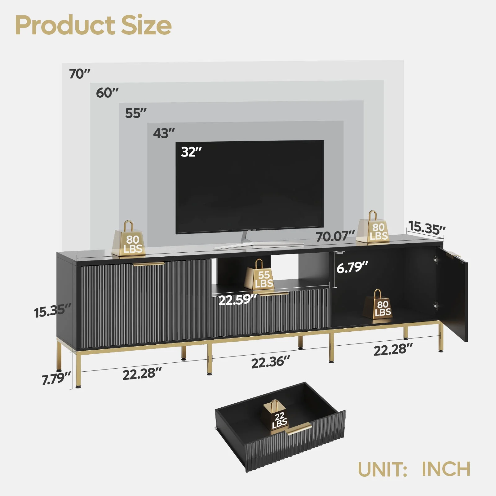 Bestier 55" LED TV Stand for TVs up to 60" Modern High Gloss Entertainment Center with Drawers Cabinets Fluted TV Console, White & Gold - Image 32