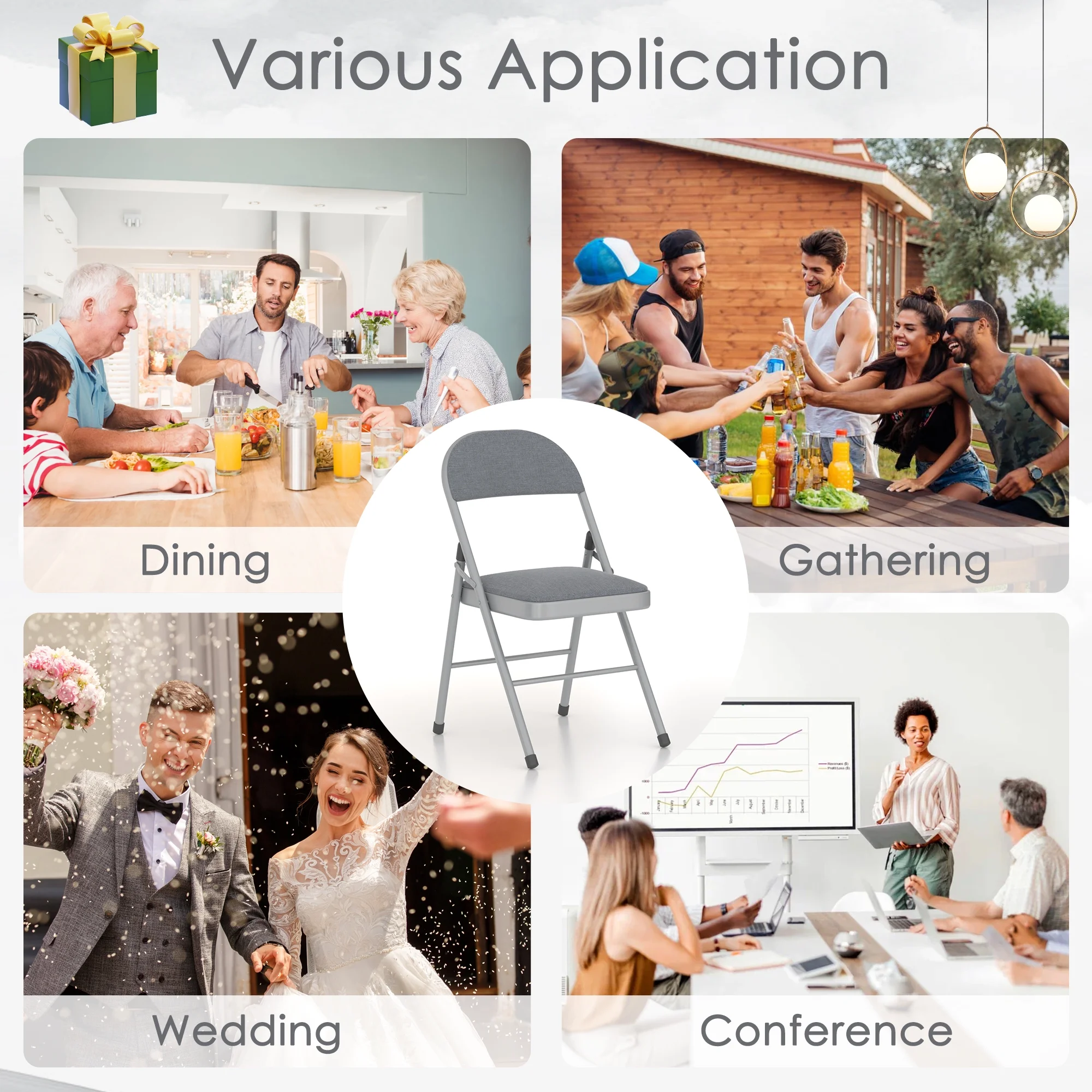 VECELO Set of 4 Folding Chairs, Fabric Dining Chair Set with Padded Cushion and Back, Indoor Outdoor Upholstered Seat with Metal Frame for Home Office Events Wedding Party, Orange - Image 30