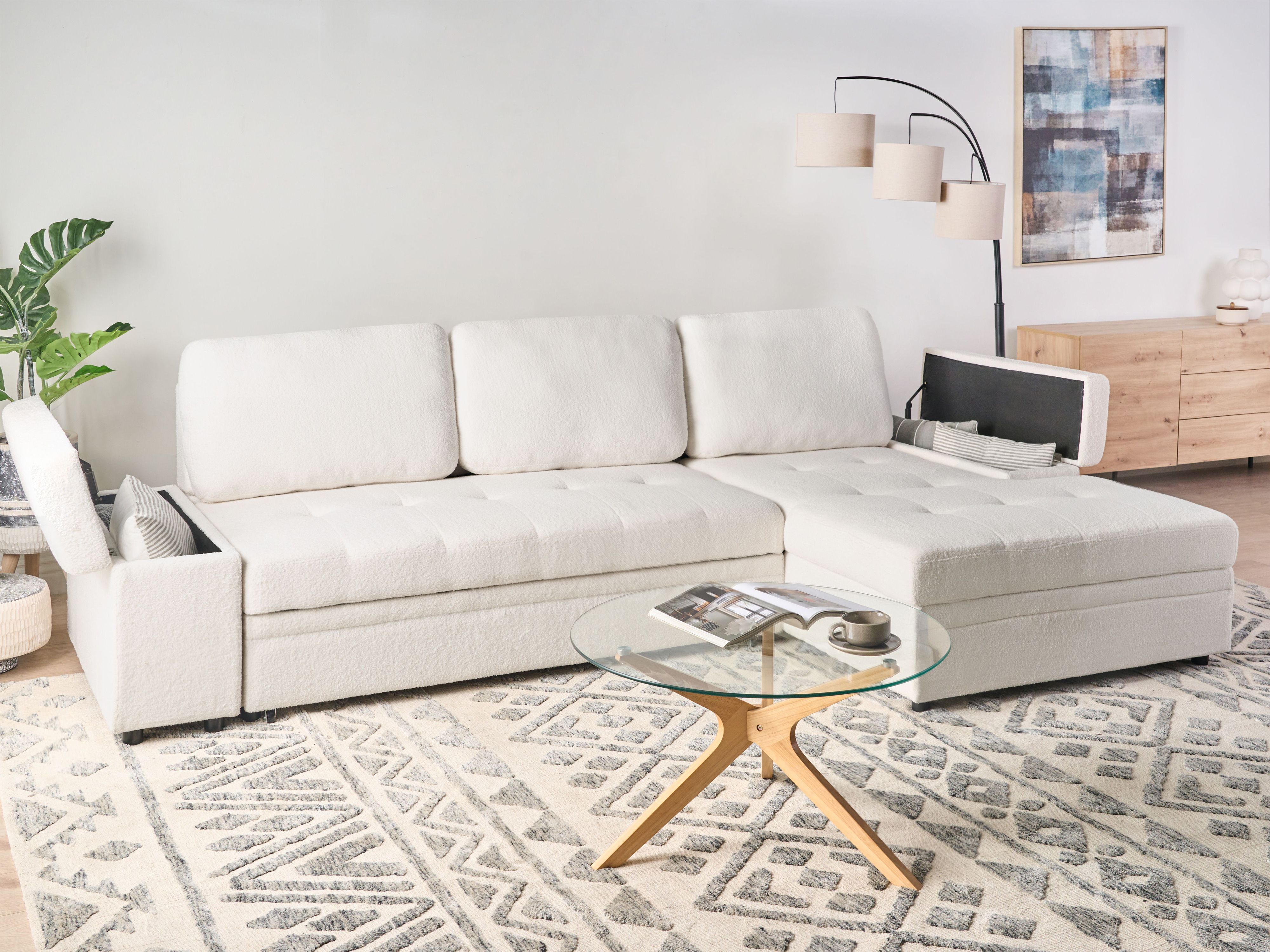 Corner Sofa Bed 3 Seater HRISEY Boucle White with Storage Left Hand
