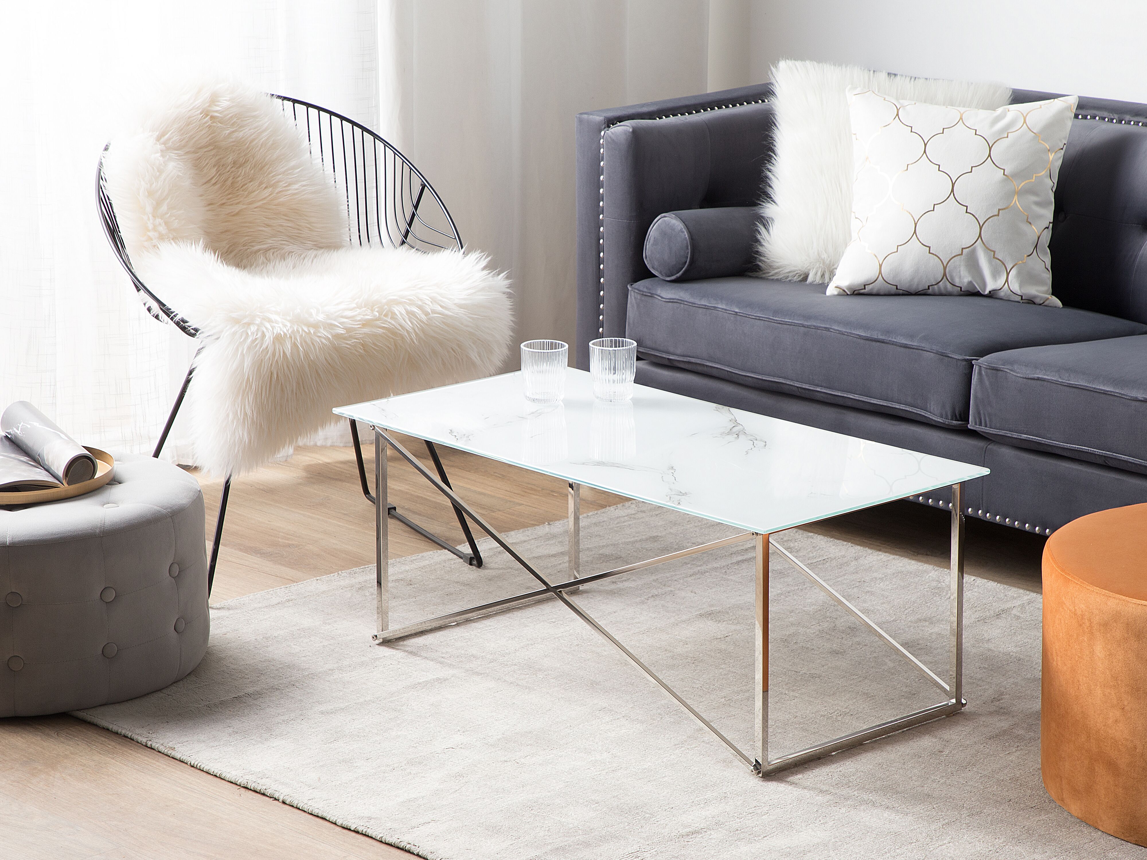 Coffee Table EMPORIA Tempered Glass Marble/ Silver