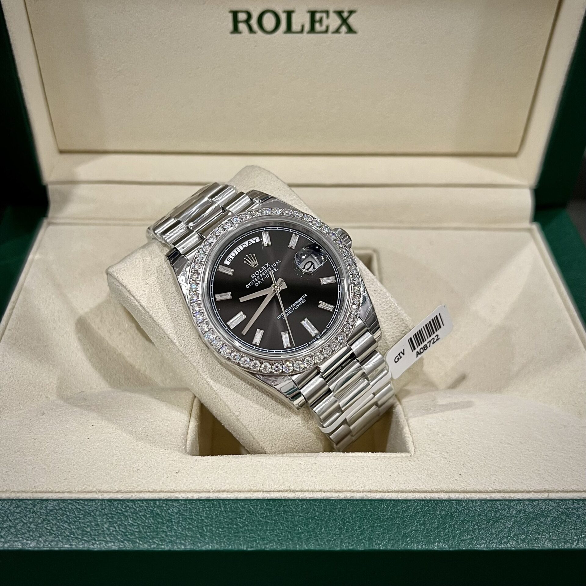 Rolex Day-Date Replica Watch Black Dial Custom Moissanite Diamonds 40mm - Top club