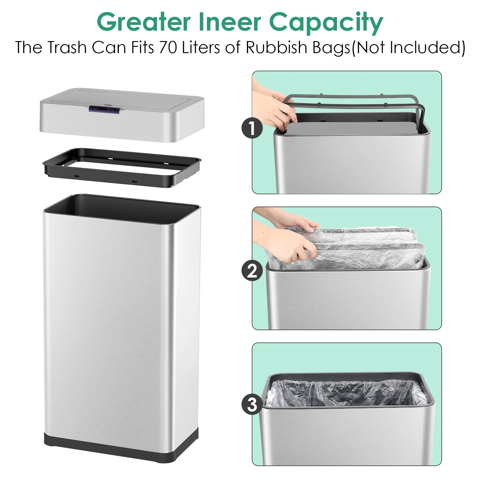 LAZY BUDDY 60 Liter / 16 Gallon Stainless Steel Motion Sensor Trash Can for Kitchen, Bathroom, Rectangular - Image 17