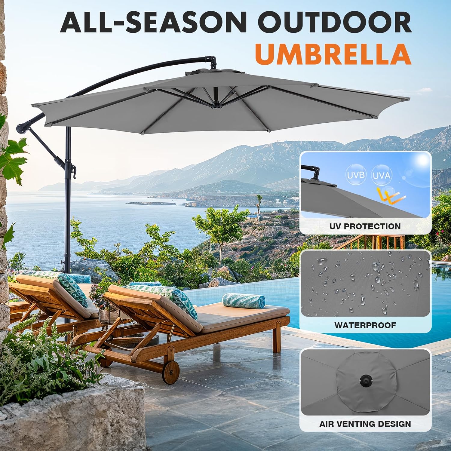 Sweetcrispy 9.8FT Offset Patio Umbrella With Easy Tilt Adjustment, 8 Ribs, Blue - Image 9 Sweetcrispy 9.8FT Offset Patio Umbrella With Easy Tilt Adjustment, 8 Ribs, Blue - Image 9