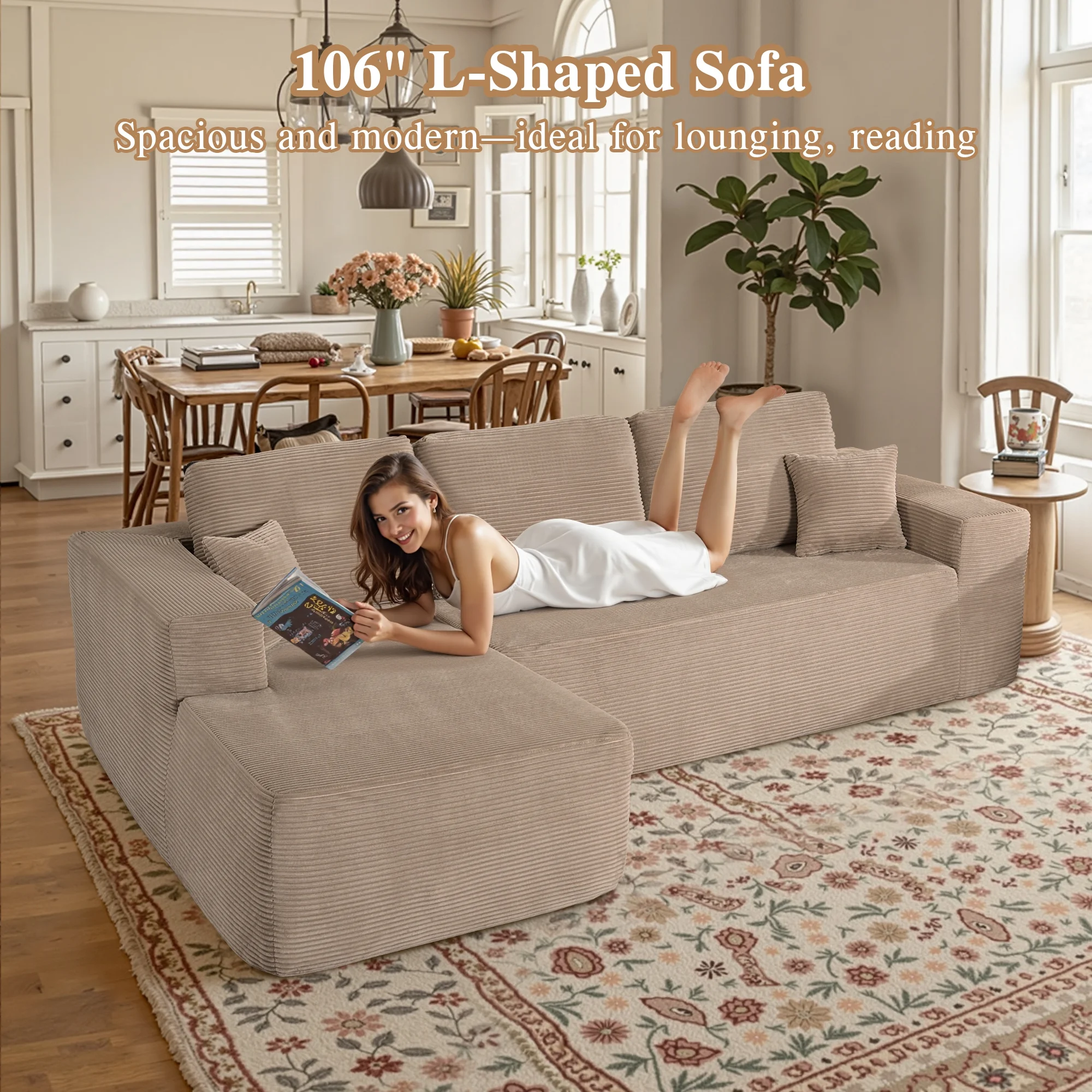 Ovios 106" L-Shaped Sectional Sofa Modern Modular Cloud Couch with Deep Seating Upholstered Sofa for Living Room Bedroom, No Assembly Required, Black(Corduroy) - Image 52