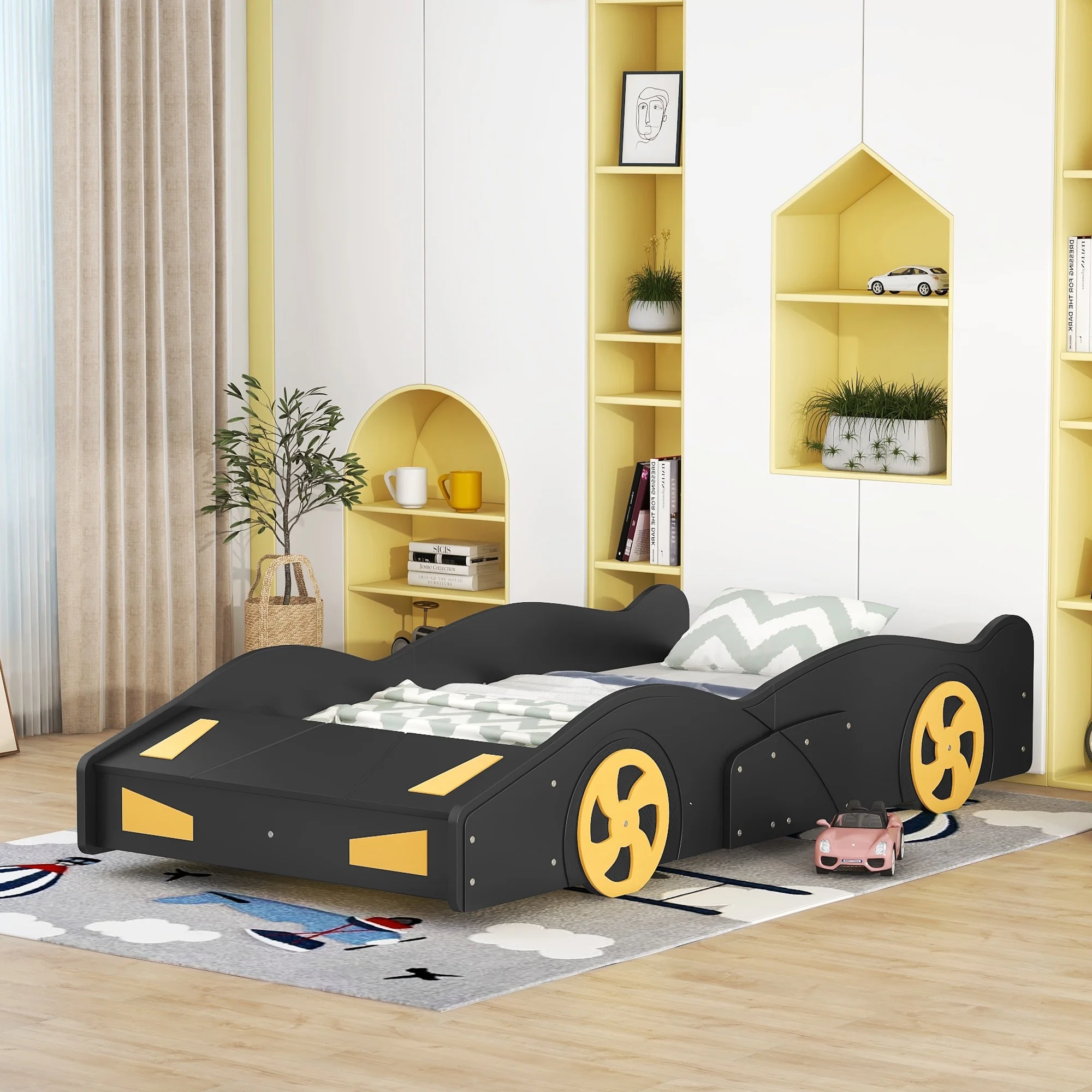 Yoneston Twin Size Kids Race Car-Shaped Platform Bed, Solid Wood Guardrails Platform Bed Frame with Wheels and Storage for Kids Boys and Girls, Black