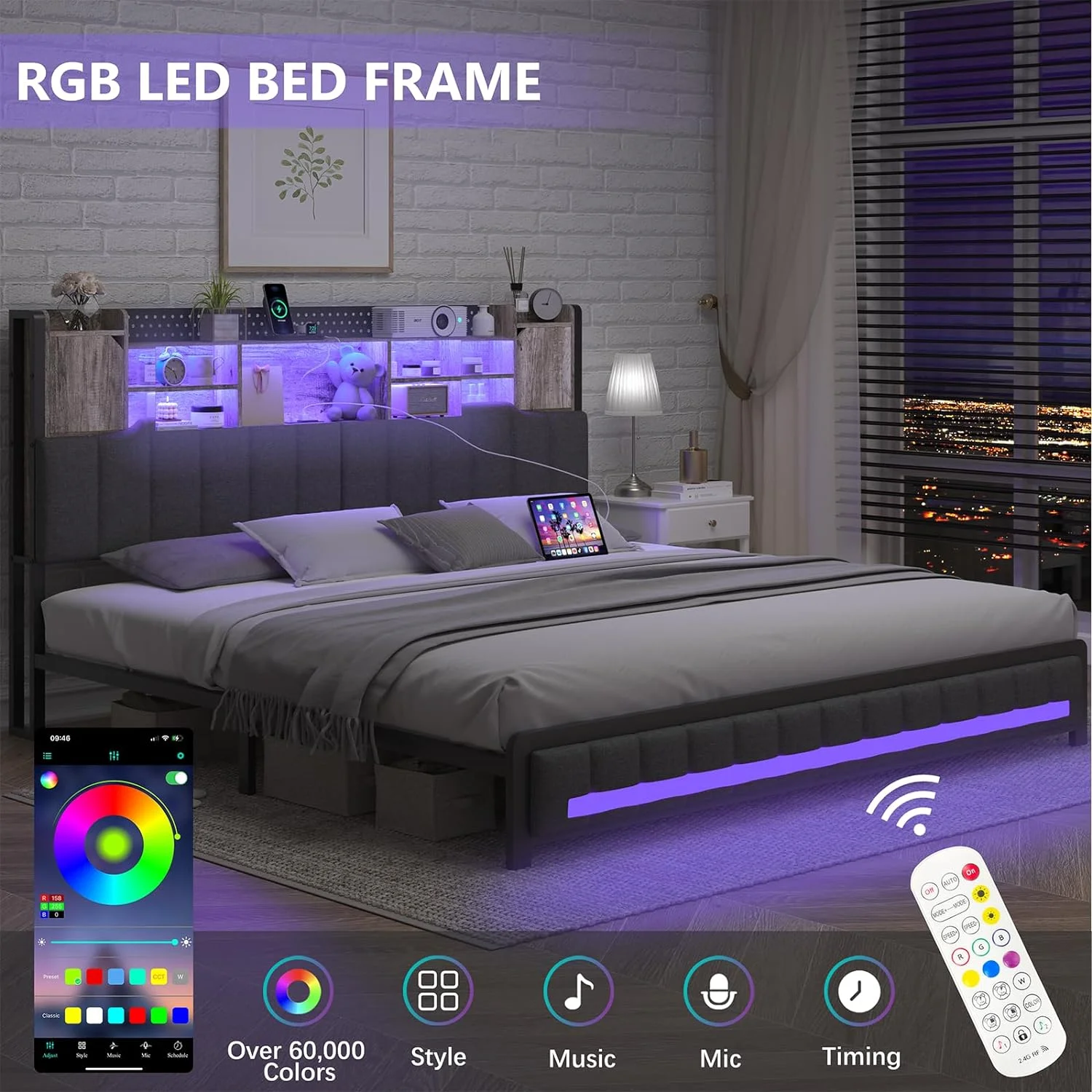 King Size Bed Frame and Bookcase Storage Headboard, LED Upholstered Bed Frame King with Charging Station, Light up King Size Platform Metal Bed Frame, No Box Spring Needed, Charcoal Gray - Image 3