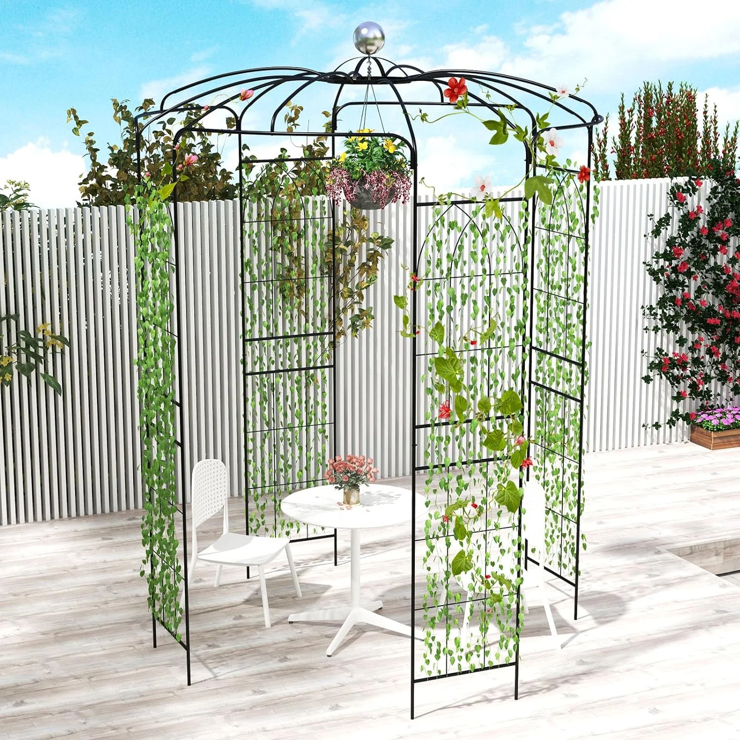 Moccha Birdcage Shape Gazebo, 9.4' H x 6.8' W Pergola Pavilion Arbor for Climbing Plants, French Style Arch Trellis with 8 Ground Stakes, Outdoor Metal Garden Arch for Wedding Party Decoration, Black