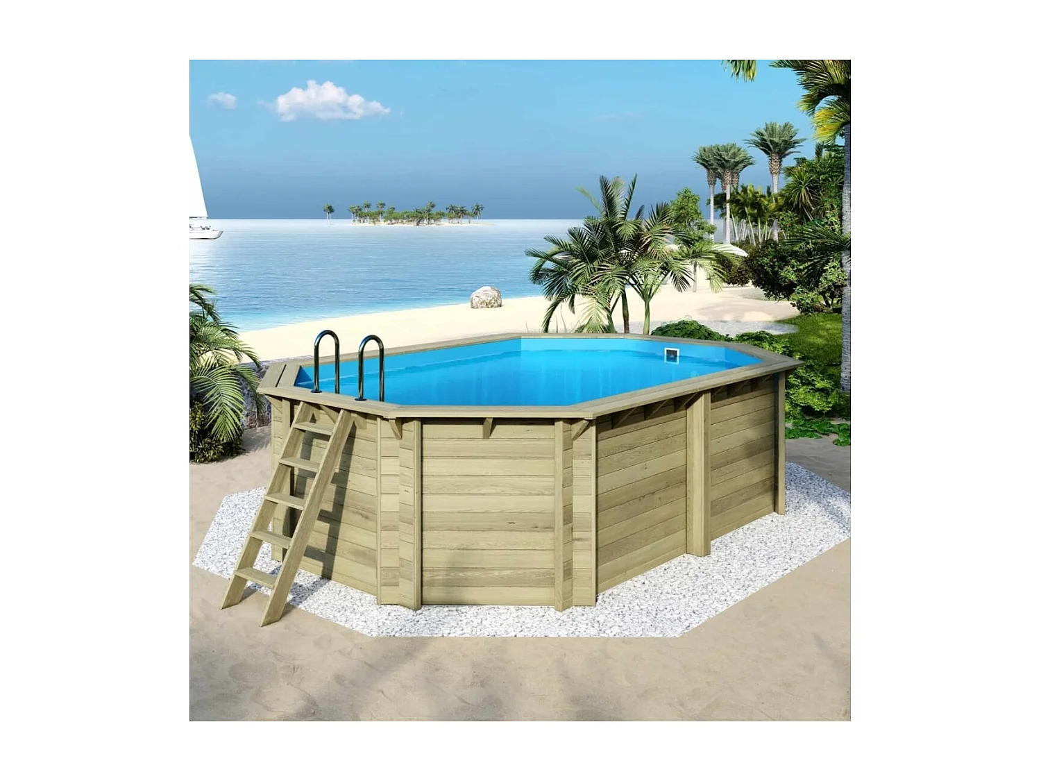 Piscine en bois NEMO 5.79 x 3.49 - H.1.45 m, bleu pâle, fixations à sceller - BAS7304OSPI - ALTANKA
