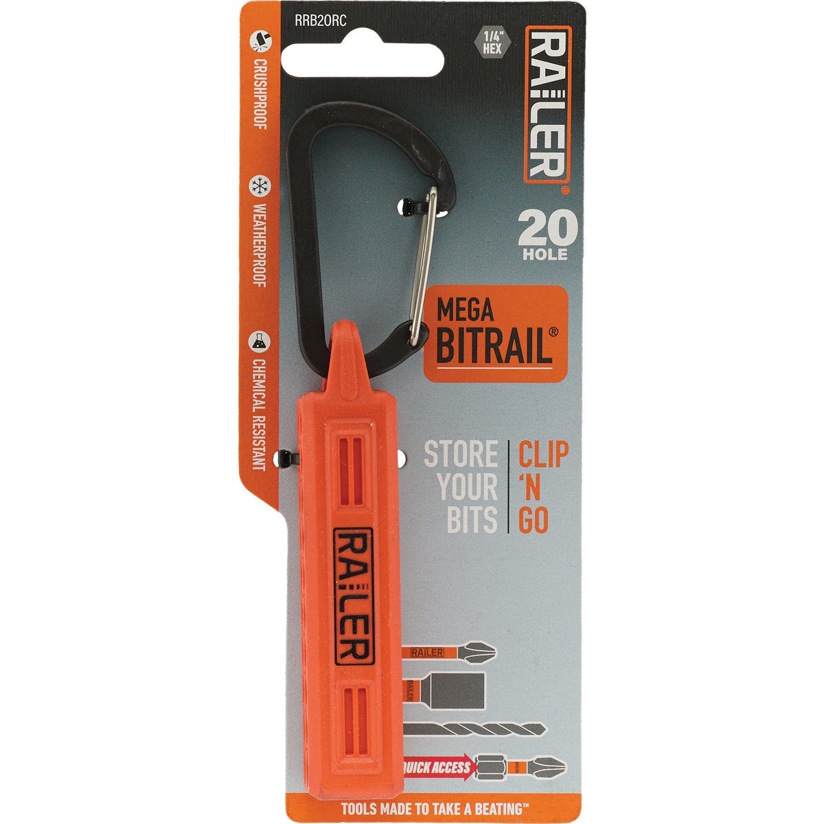 Railer 20-Hole Mega Bitrail Orange Bit Holder with Carabiner