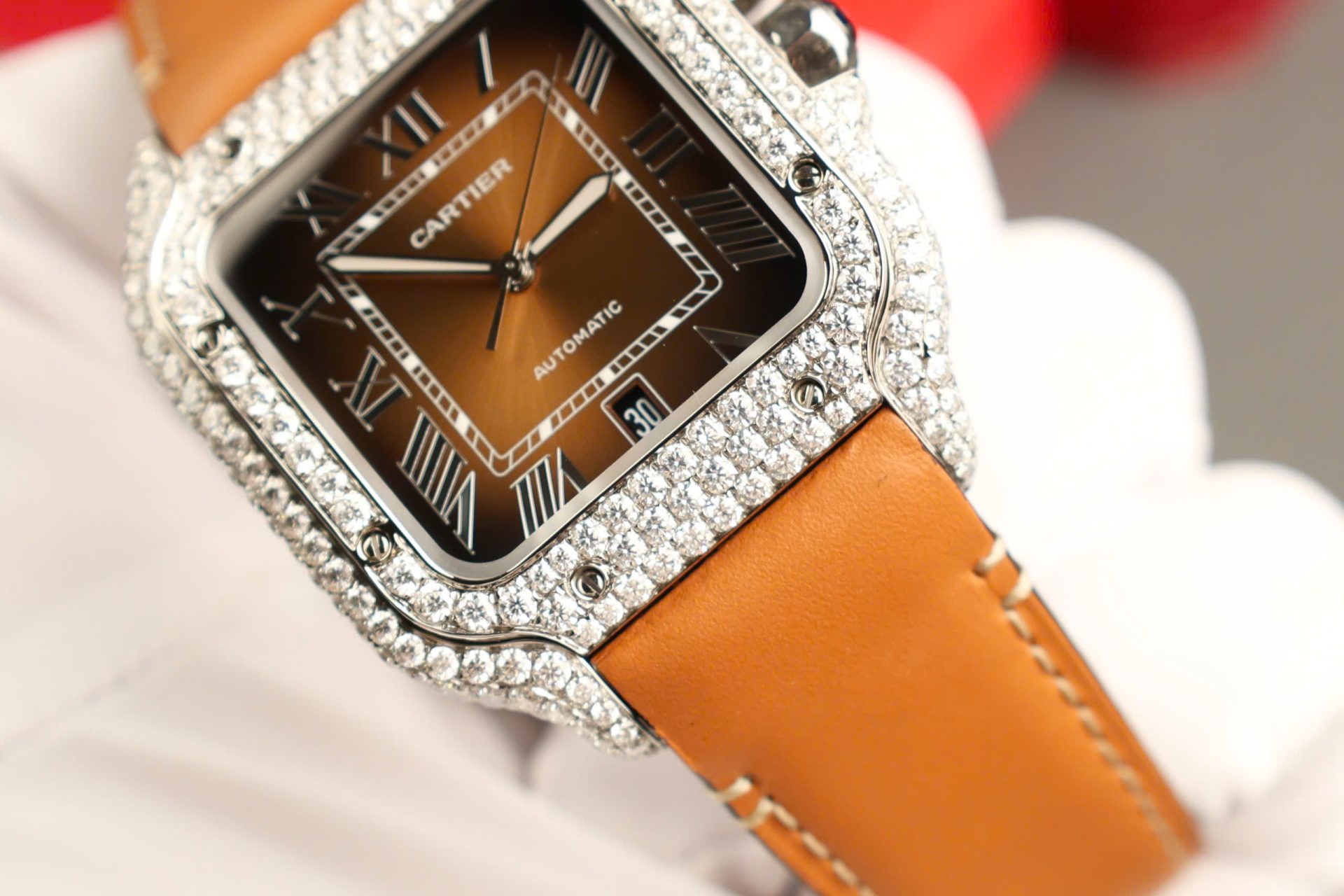 Cartier Santos Brown Dial Copies Watches Custom Diamonds Moissanite BV Factory 39.8mm - Top club