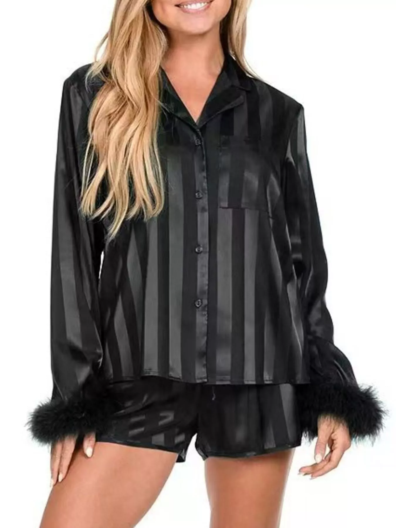 Striped Feather Trim Shirt and Shorts Lounge Set - ZKZOOK