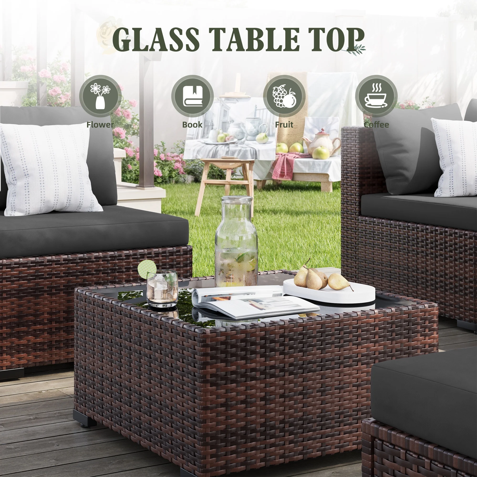 7 Pieces Patio Conversation Set, Outdoor Sectional PE Rattan Wicker Furniture Seat,Dark Gray - Image 67