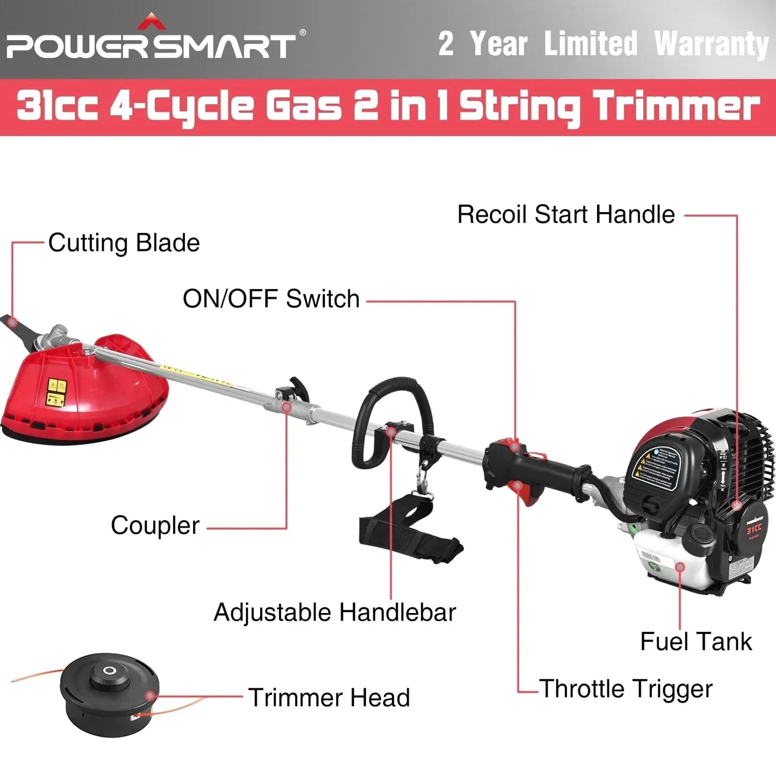 PowerSmart 4-Cycle 31cc 15lb Straight Shaft Gas String Trimmer And Brush Cutter - Image 8 PowerSmart 4-Cycle 31cc 15lb Straight Shaft Gas String Trimmer And Brush Cutter - Image 8