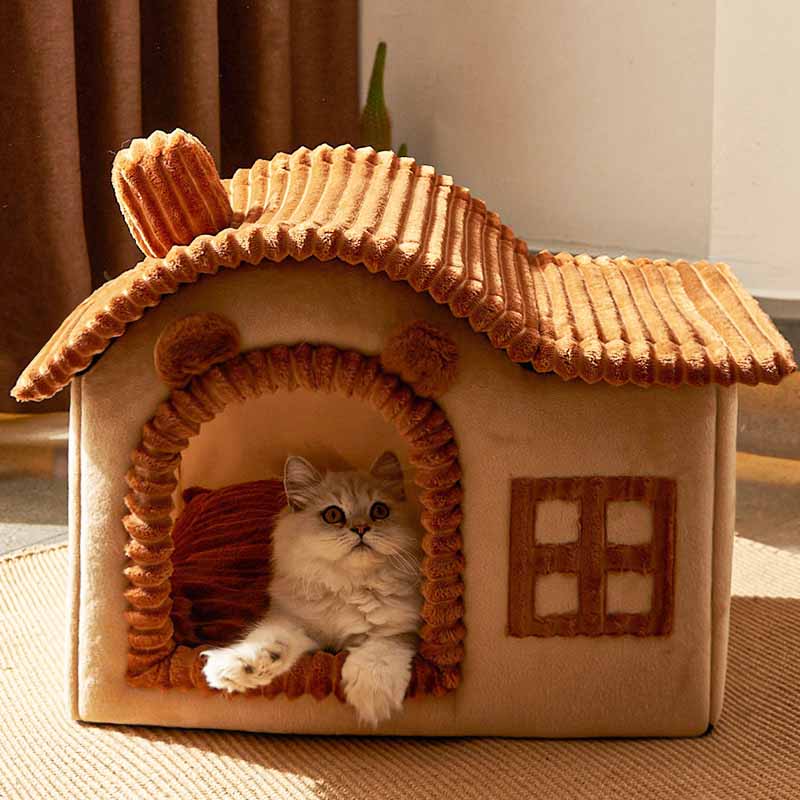 Zacht Kattenbed met Huisontwerp van Pluche Fleece – Comfortabel en Veilig voor Binnengebruik