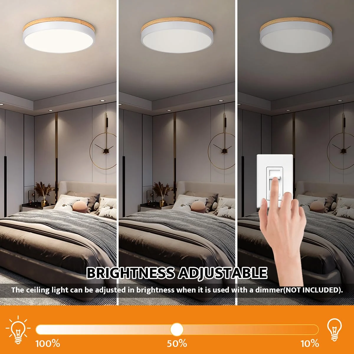Dimmable Wood LED Flush Mount Ceiling Light, 5CCT 2700K-6000K Modern Round Close to Ceiling Lighting Fixtures, Minimalist White Ceiling Lamp for Bedroom, Kitchen, Hallway, Laundry Room