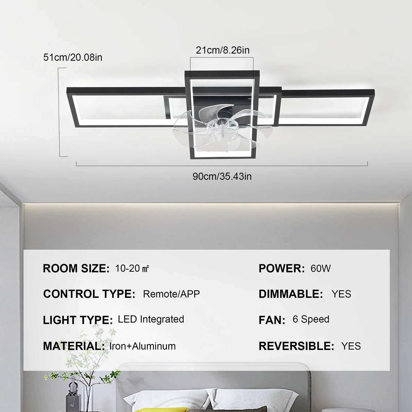 Garwarm Modern Black LED Ceiling Fan With Lights Low Profile 35