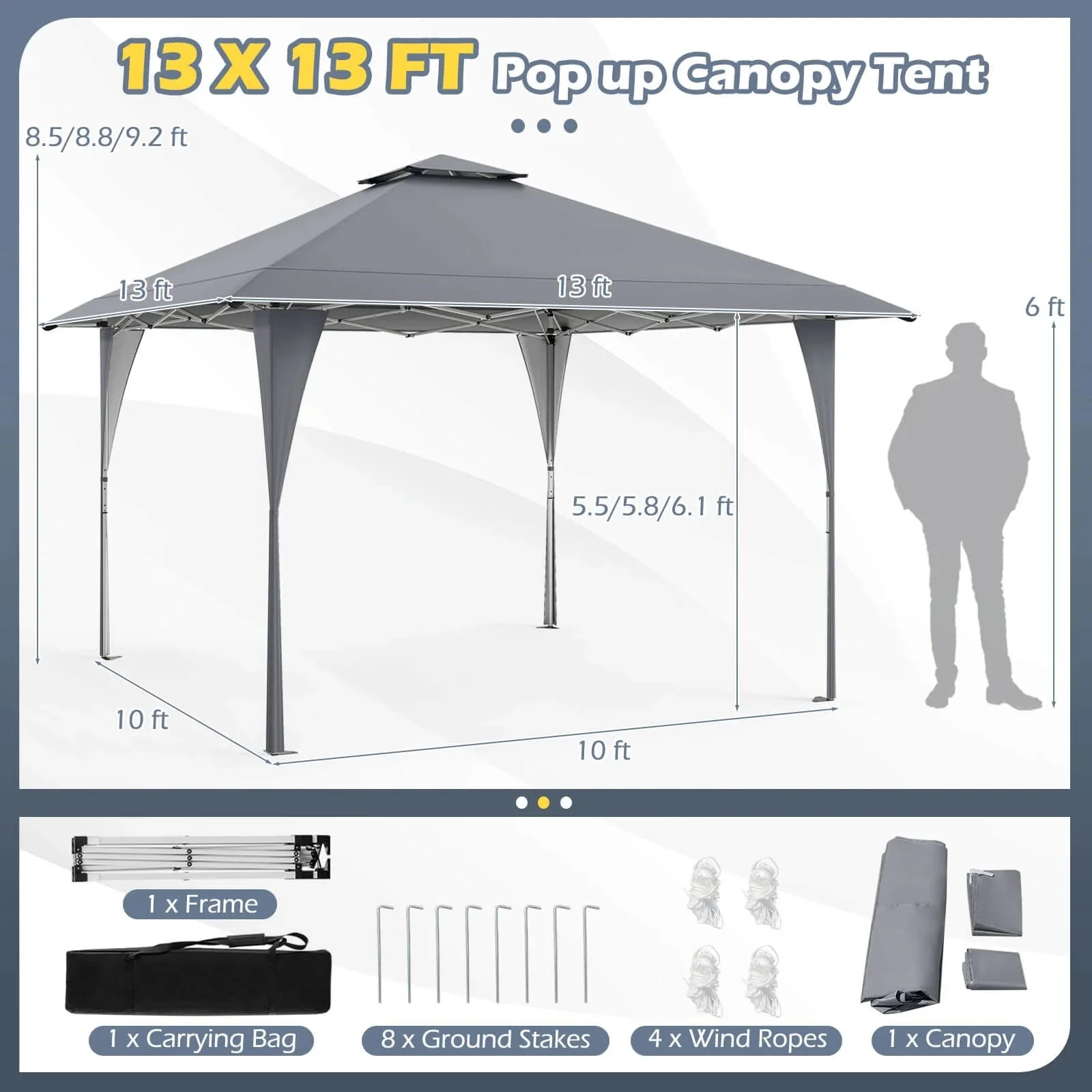Costway Pop-Up Gazebo Outdoor Canopy Tent, 13 x 13 ft, Gray - Image 4 Costway Pop-Up Gazebo Outdoor Canopy Tent, 13 x 13 ft, Gray - Image 4