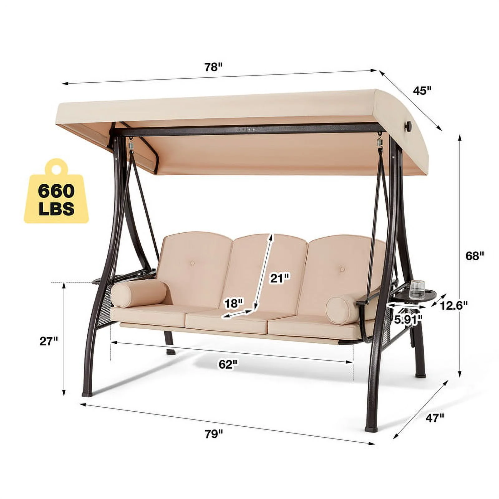 Homrest 3 Person Patio Outdoor Porch Swing with Adjustable Canopy, Backrest, Swing Bed with Stand for Garden,Deck - Image 22