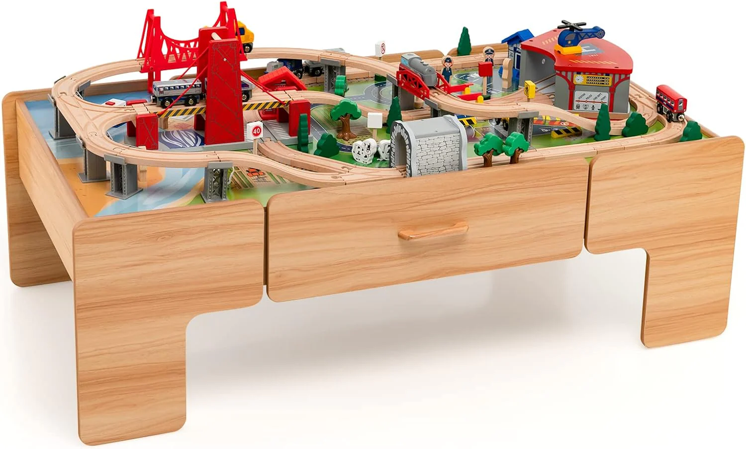 The dual-function wooden children's activity table with storage function, featuring 100 colorful components, tracks, trains, and cars, is a children's train table set suitable for children aged 3 and above. It has a flip-up tabletop and is a gift for - Image 4