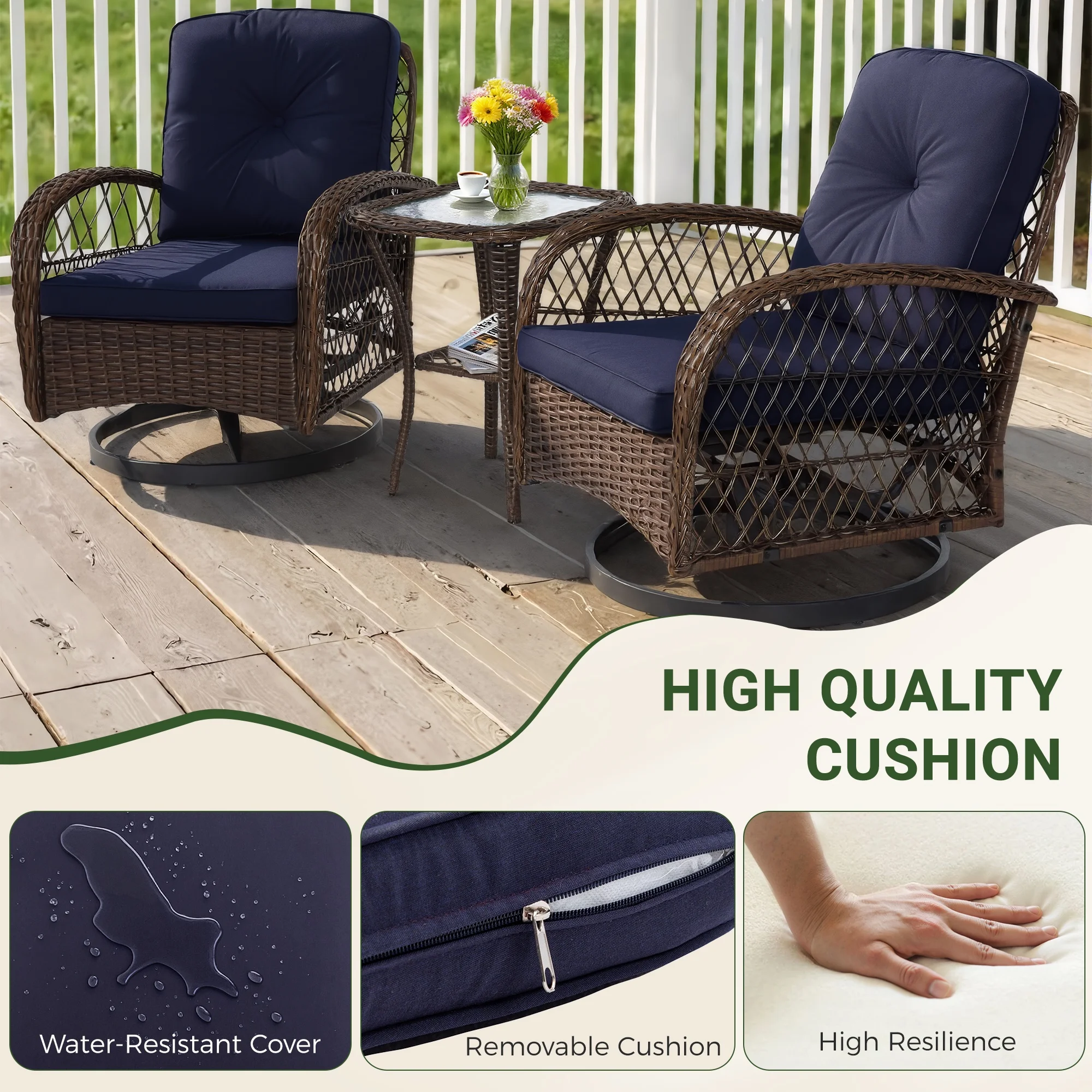 3 Piece Patio Swivel Rocker Chairs Set, 2 360-Degree Swivel Rocking Chairs with 1 Glass Top Table, PE Rattan Outdoor Bistro Set with Cushions for Balcony Deck Poolside Backyard Porch - Image 15