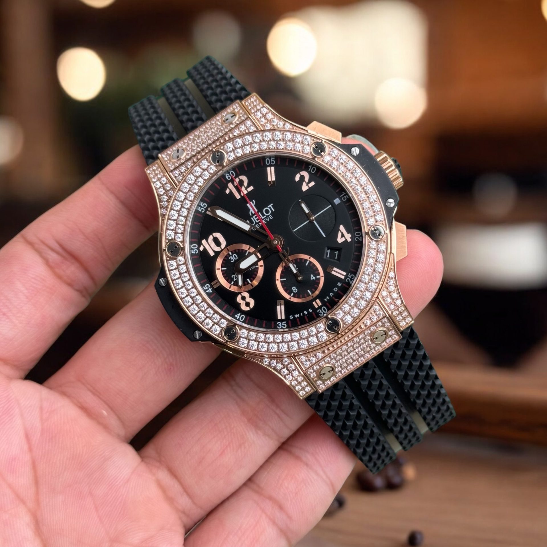 Hublot Replica 11 Watch Big Bang Chronograph Full Stone Face Black High Quality 44mm - Top club