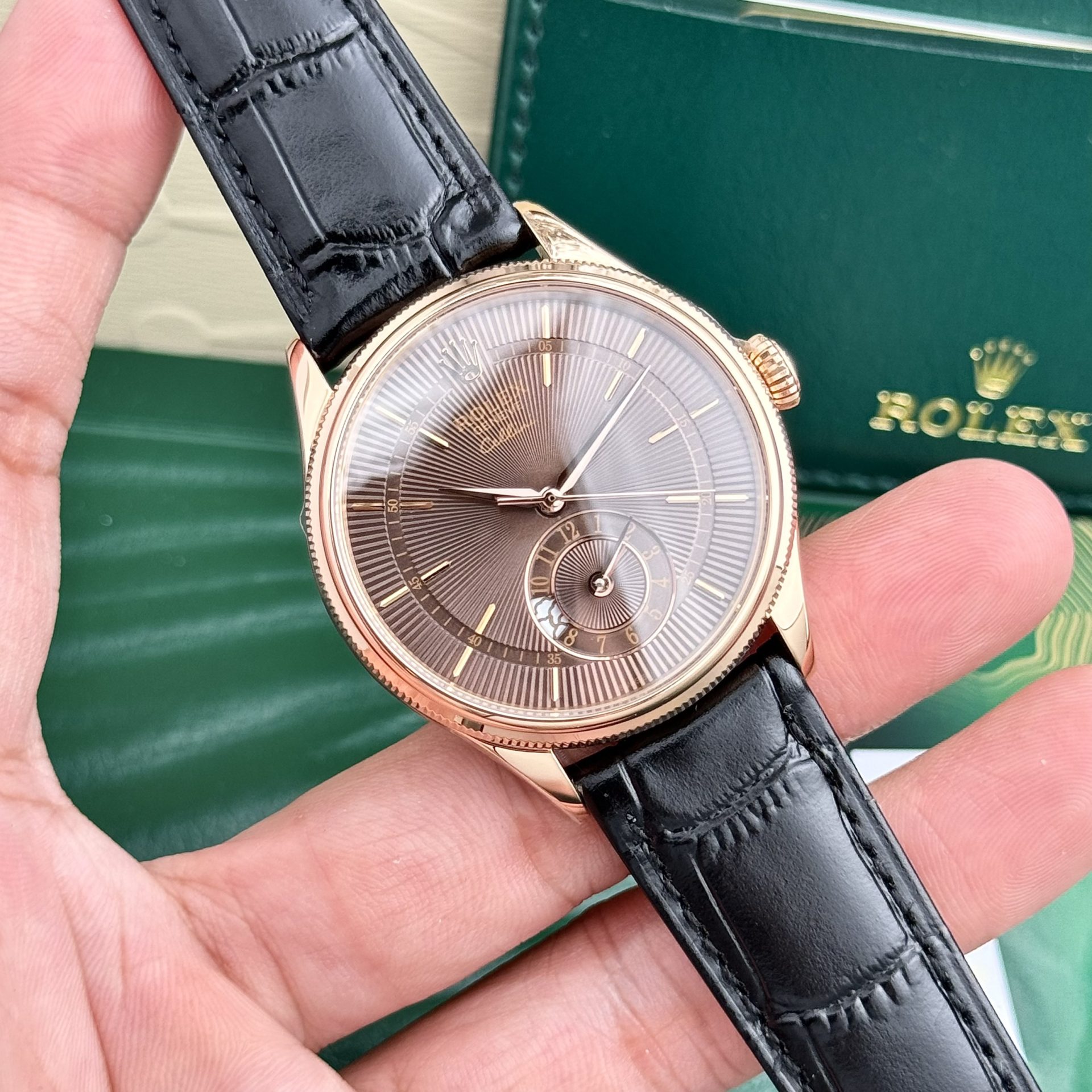 Rolex Replica Watch Cellini 50525 Chocolate Dial Leather Strap 39mm - Elite Watch Atelier