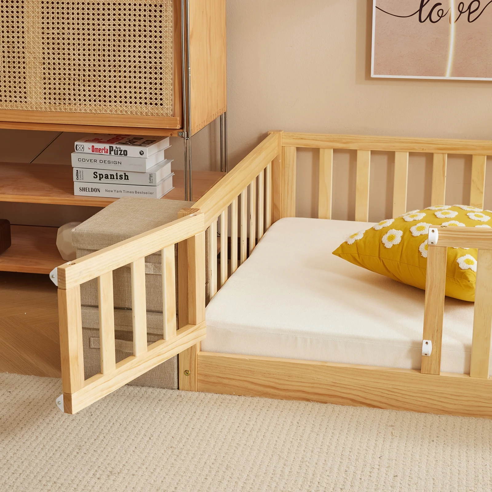 Zimtown Montessori Floor Bed Frame, Full Size Kids Toddler Bed with Fence and Door, Wooden Platform Bed, White - Image 17