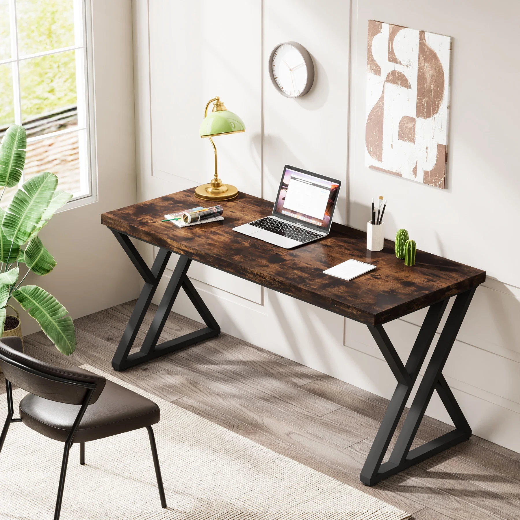 Heavy Duty Study Desk with Z-Shaped Metal Leg, Modern Simple Home Office Computer Desk, Rustic Brown