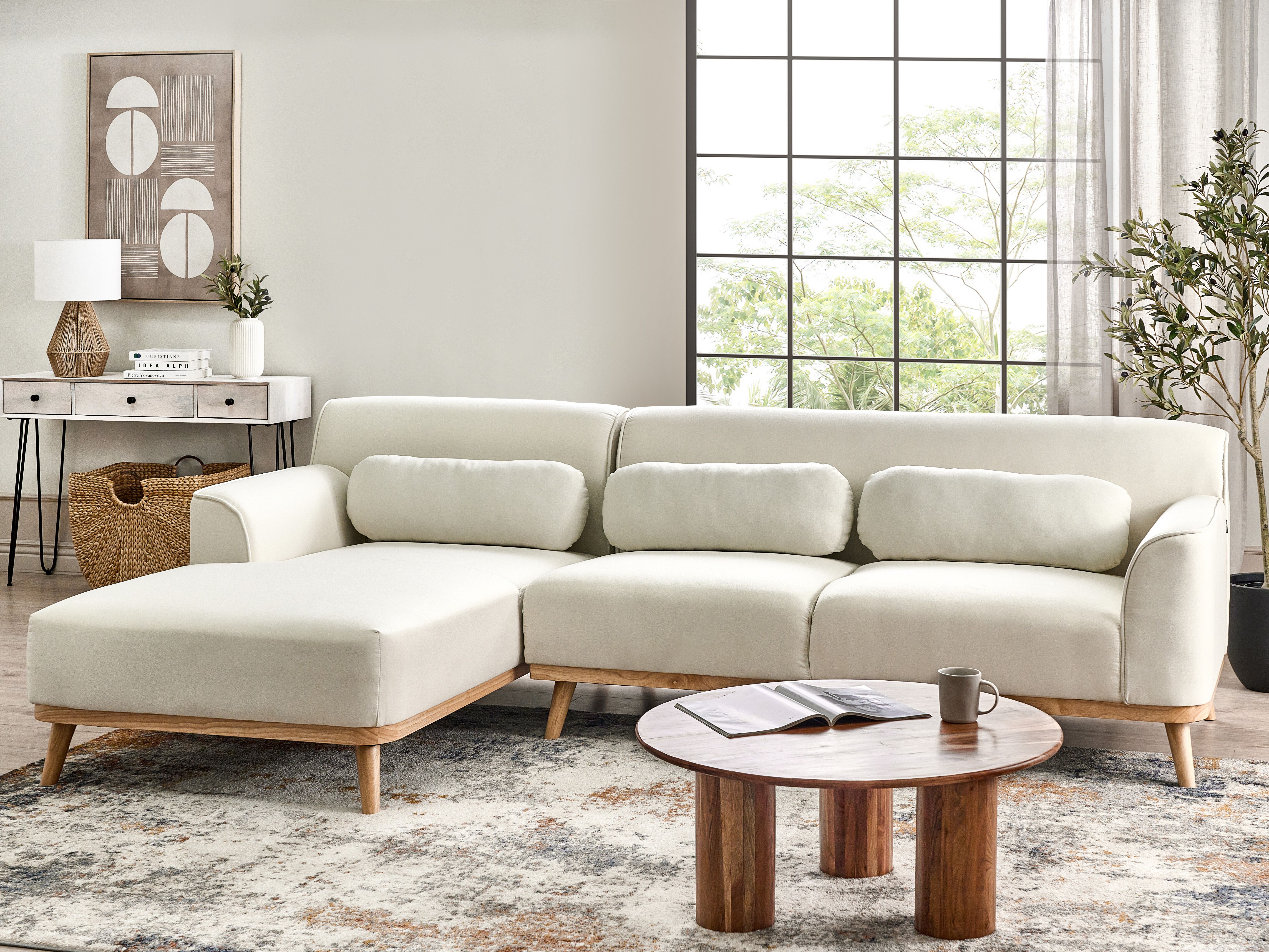 Corner Sofa 3 Seater SIMOS Fabric Off-White Right Hand