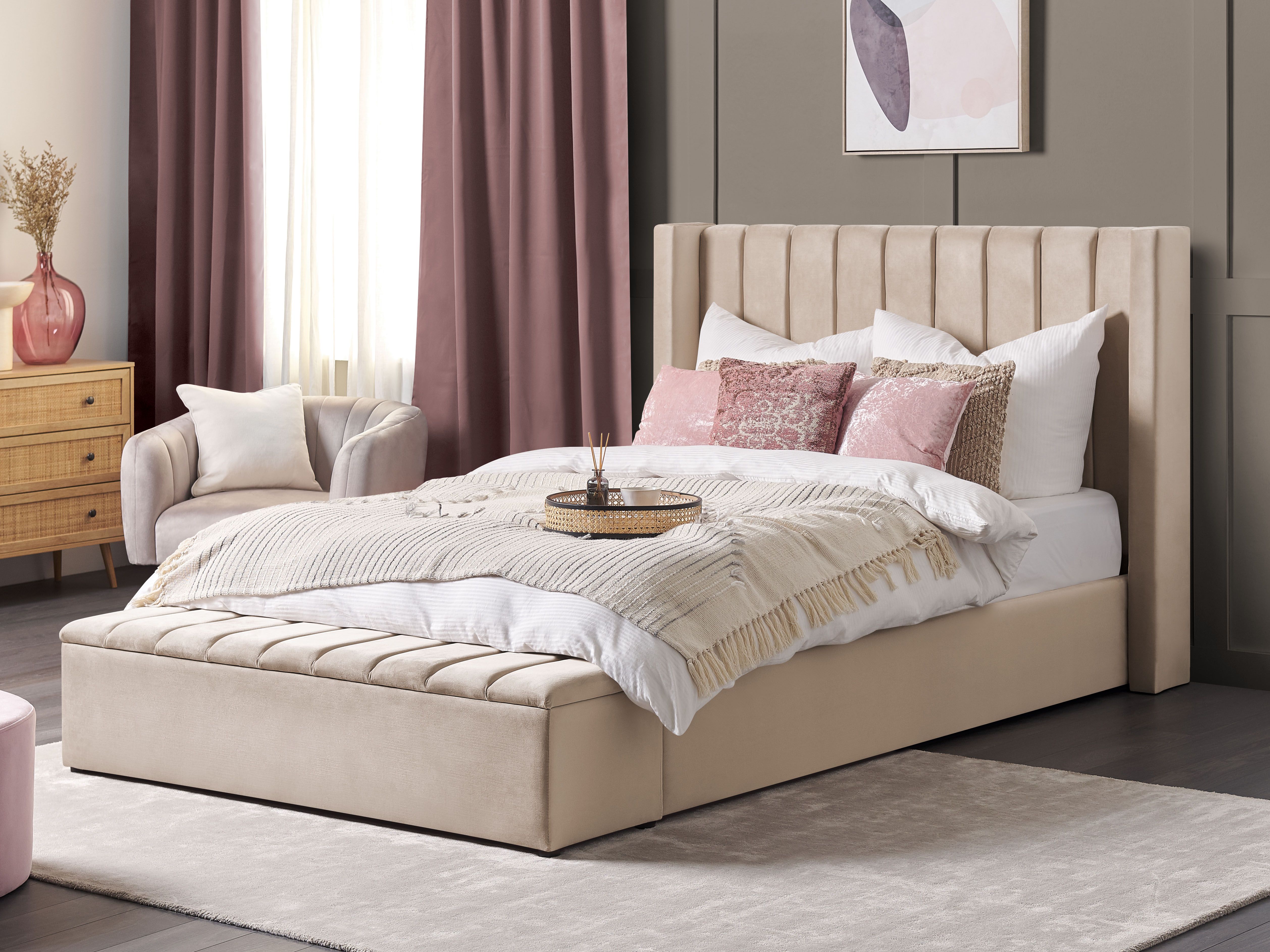 Waterbed with Storage Bench Velvet NOYERS 160 x 200 cm (EU King Size) Beige