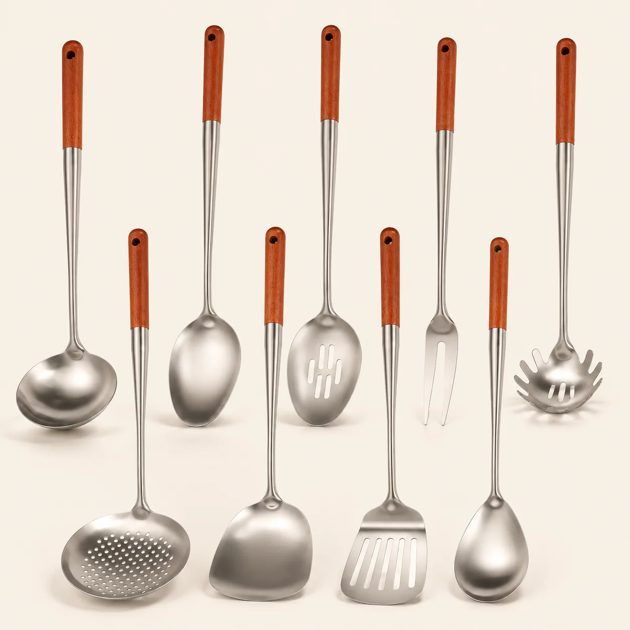 9-Piece Stainless Steel Kitchen Utensil Set with Wooden Handles