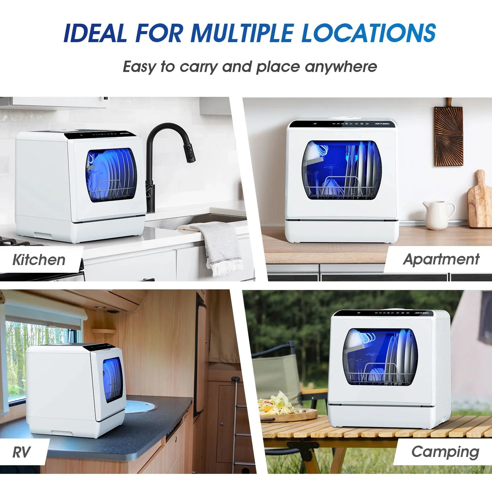 AIRMSEN Portable Countertop Dishwasher With 5L Built-In Water Tank And 5 Washing Programs - AE-TDQR03