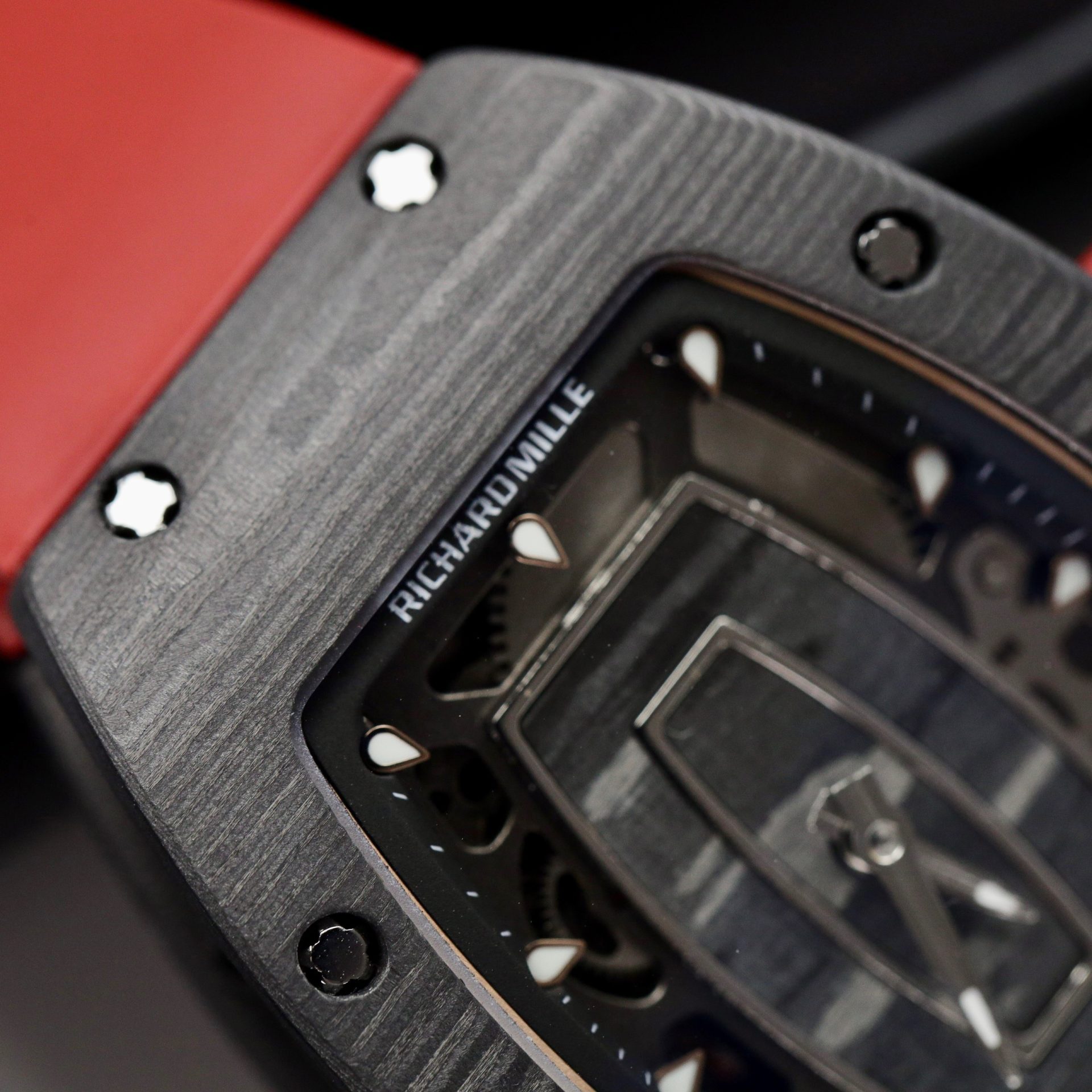 Richard Mille Replica 1:1 Watch RM07 Carbon Black Red Rubber Strap 36mm - Top club