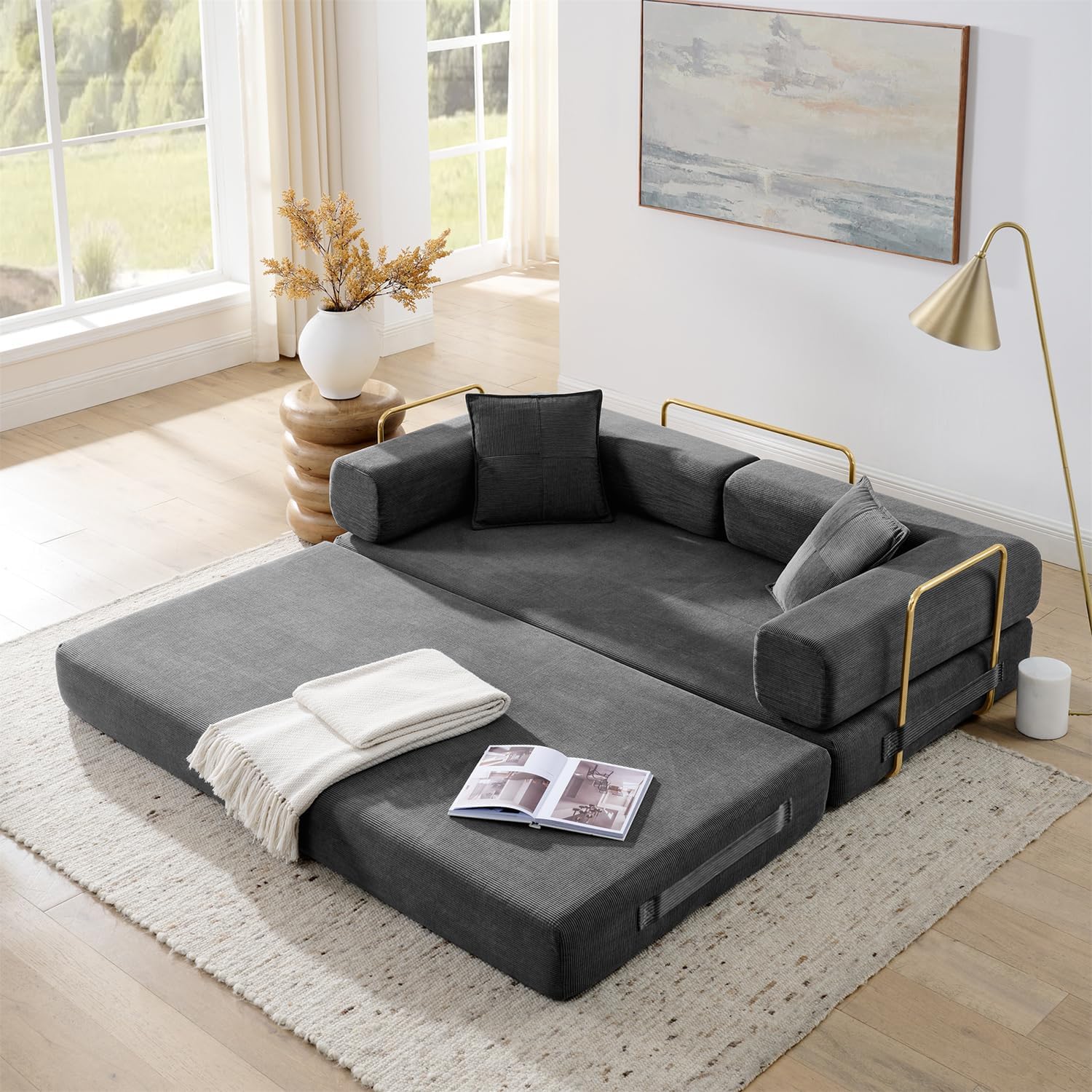 4-in-1 Folding Convertible Sofa Bed, 78 Inch Boneless Couch with Fixed-Shape Frame, Corduroy Loveseat Sleeper with Pull Out Bed, Floor Sofa Modular Futon Couch for Living Room Bedroom Lounge (Grey)