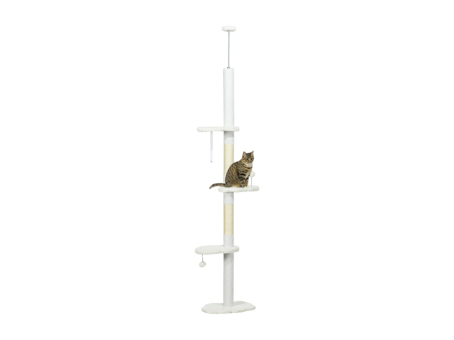 Arbre à chat réglable en hauteur 225-255 cm - tour pour chat 3 griffoirs nuages, 2 balles - blanc