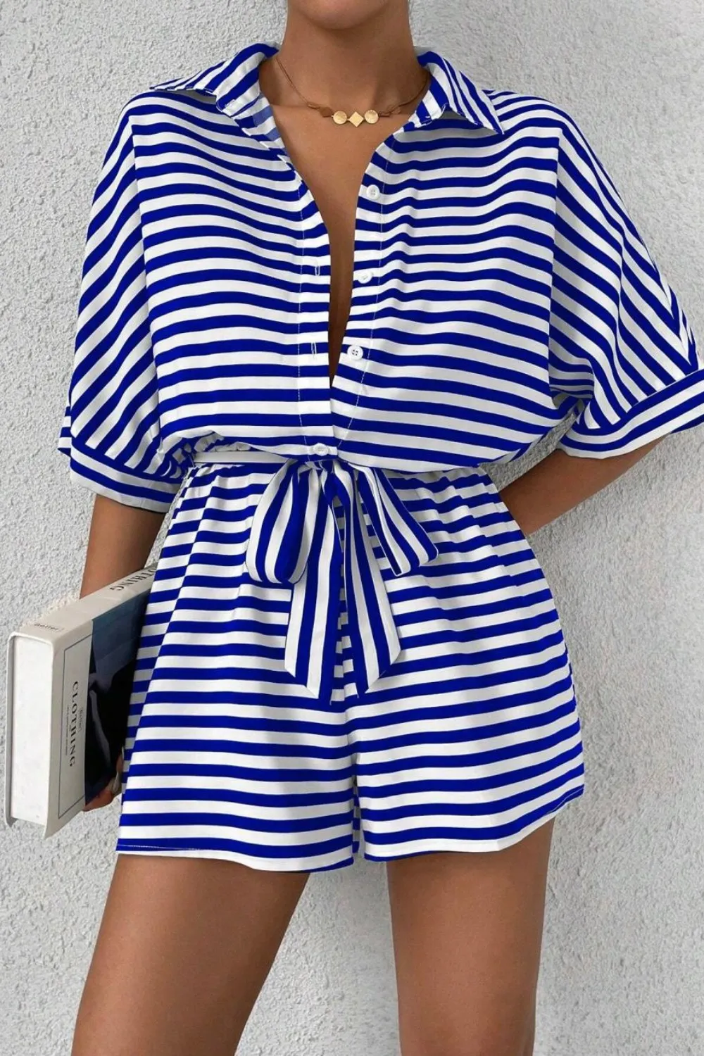 Striped Collared Neck Tie Waist Romper - ZKZOOK