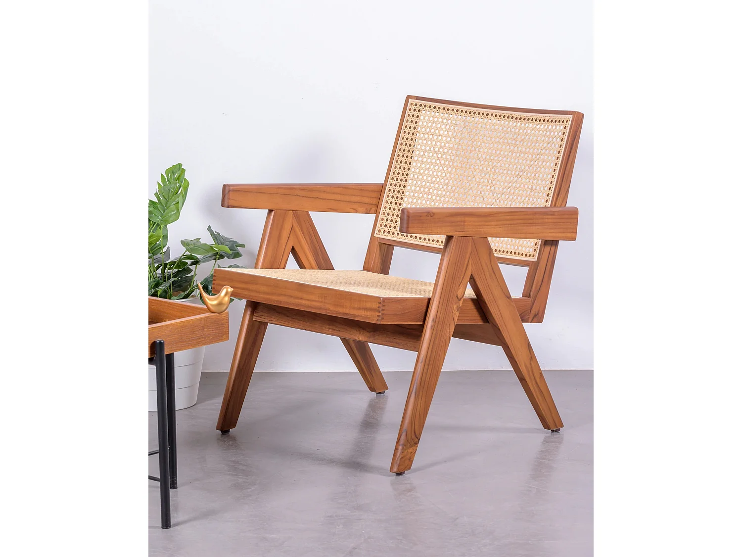 Fauteuil classique avec accoudoirs en bois de teck et rotin naturel - Compass - Teca