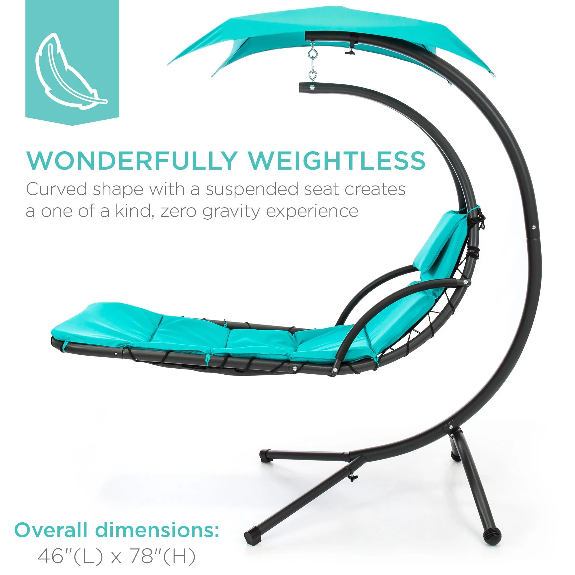 Best Choice Products Hanging Curved Chaise Lounge Chair Swing for Backyard, Patio w/ Pillow, Shade, Stand - Teal - Image 4